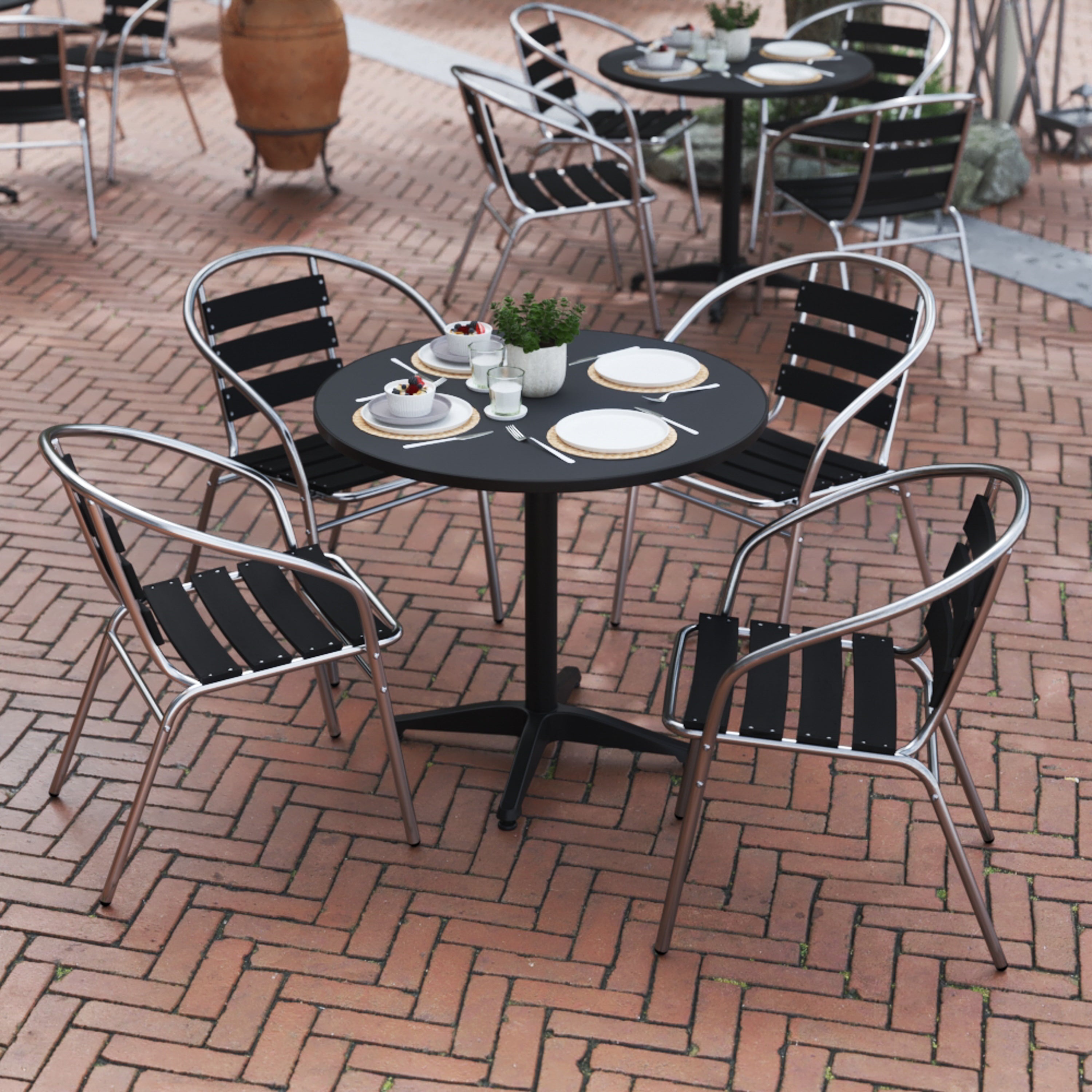 Lila 31.5'' Black Round Aluminum Indoor-Outdoor Table Set with 4 Black Slat Back Chairs