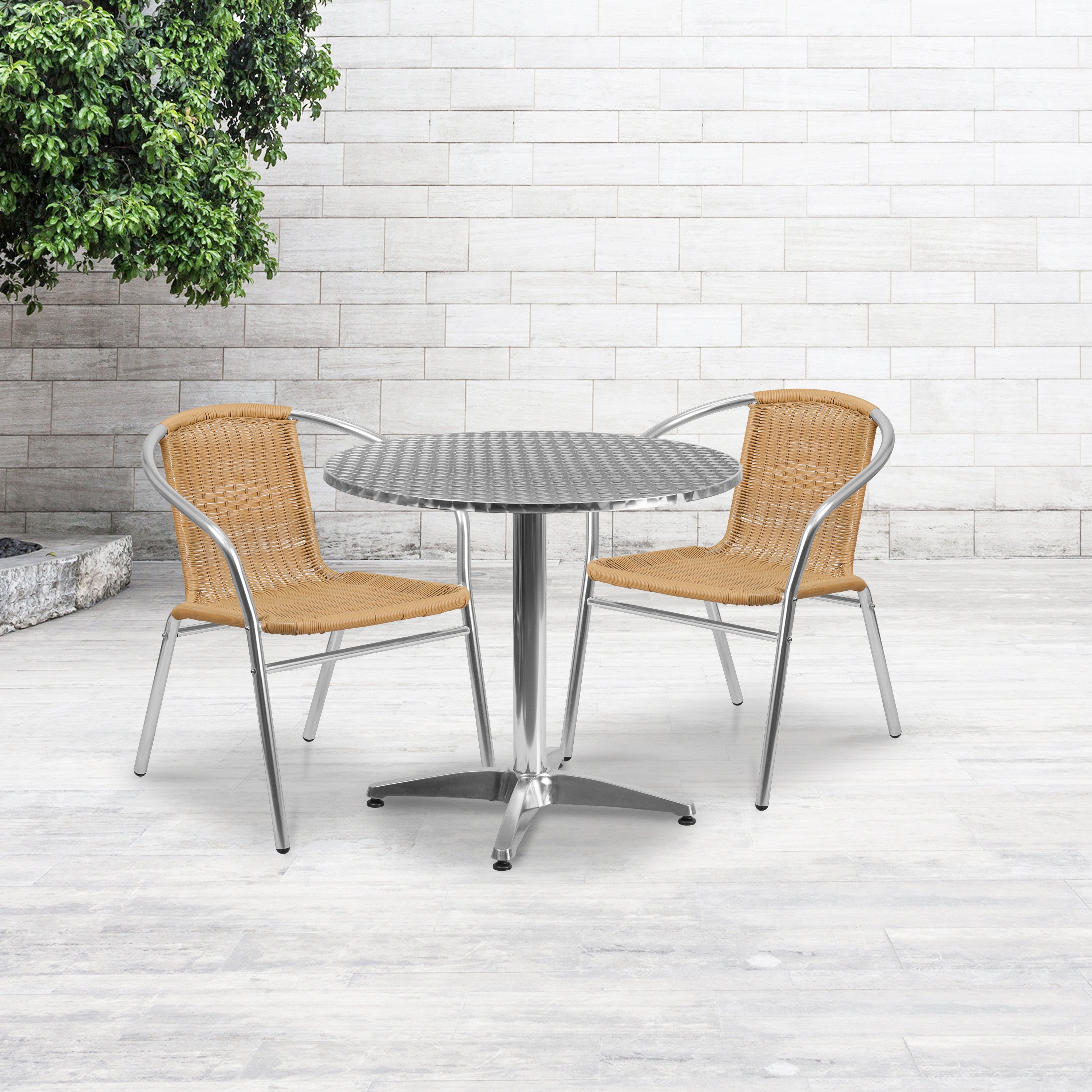 Lila 31.5'' Round Aluminum Indoor-Outdoor Table Set with 2 Beige Rattan Chairs