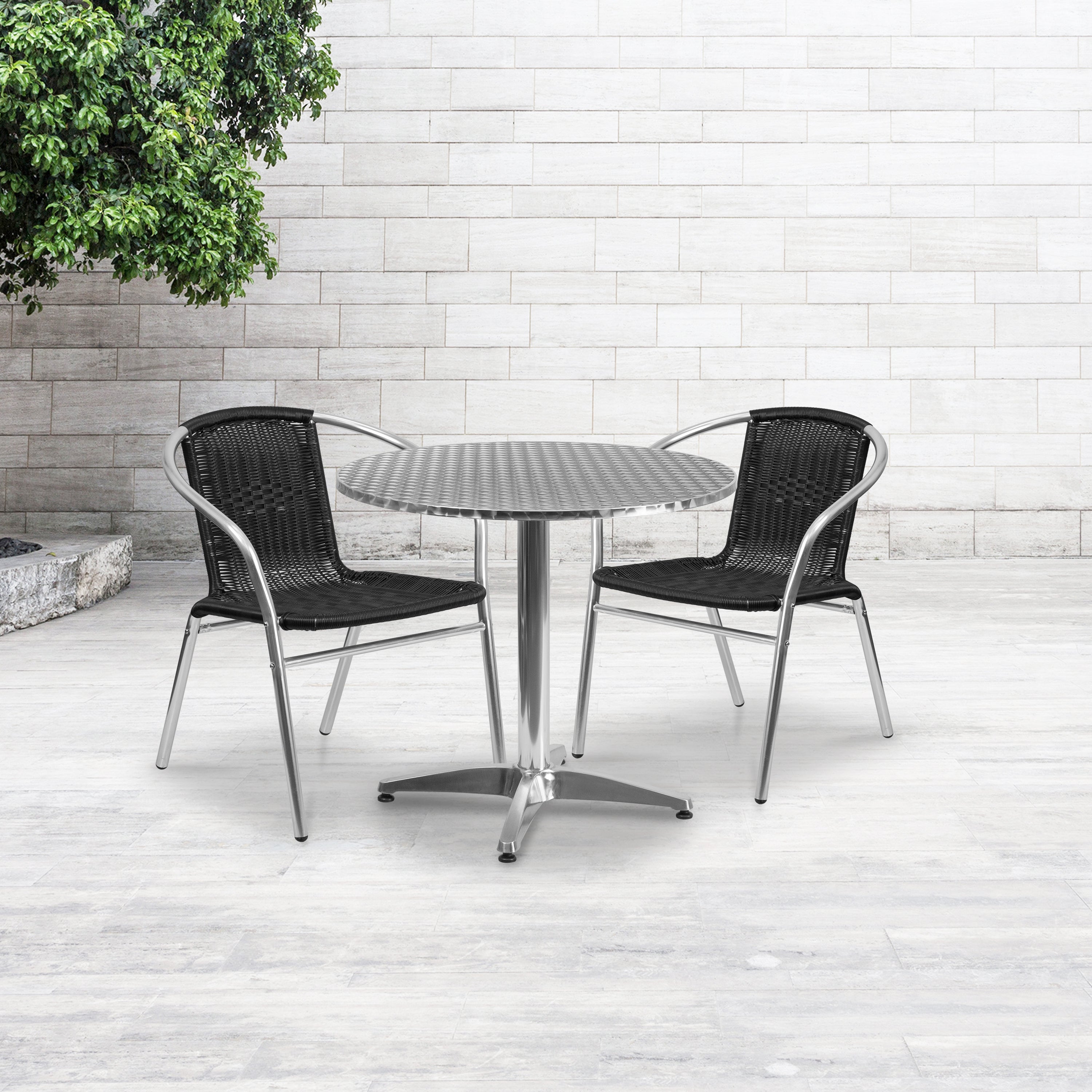 Lila 31.5'' Round Aluminum Indoor-Outdoor Table Set with 2 Black Rattan Chairs
