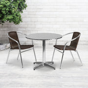 Lila 31.5'' Round Aluminum Indoor-Outdoor Table Set with 2 Dark Brown Rattan Chairs