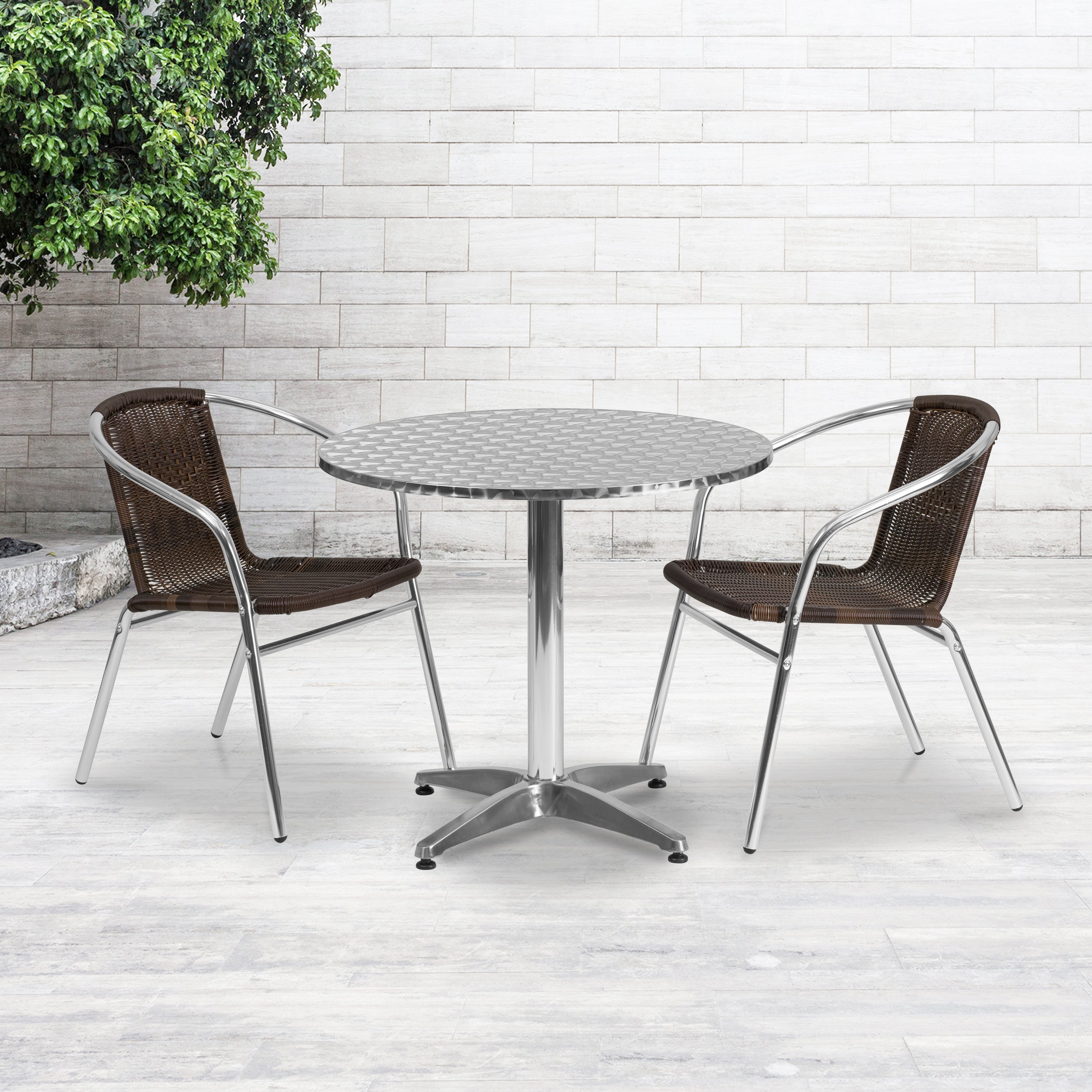 Lila 31.5'' Round Aluminum Indoor-Outdoor Table Set with 2 Dark Brown Rattan Chairs