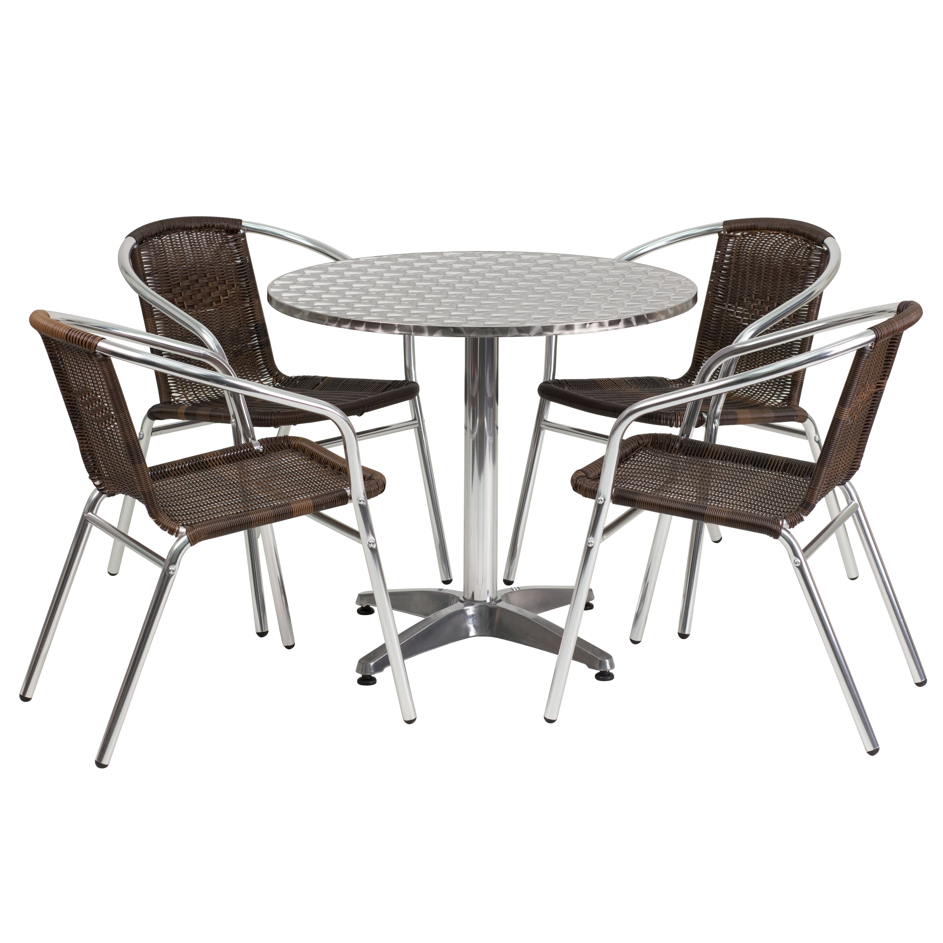Lila 31.5'' Round Aluminum Indoor-Outdoor Table Set with 4 Dark Brown Rattan Chairs