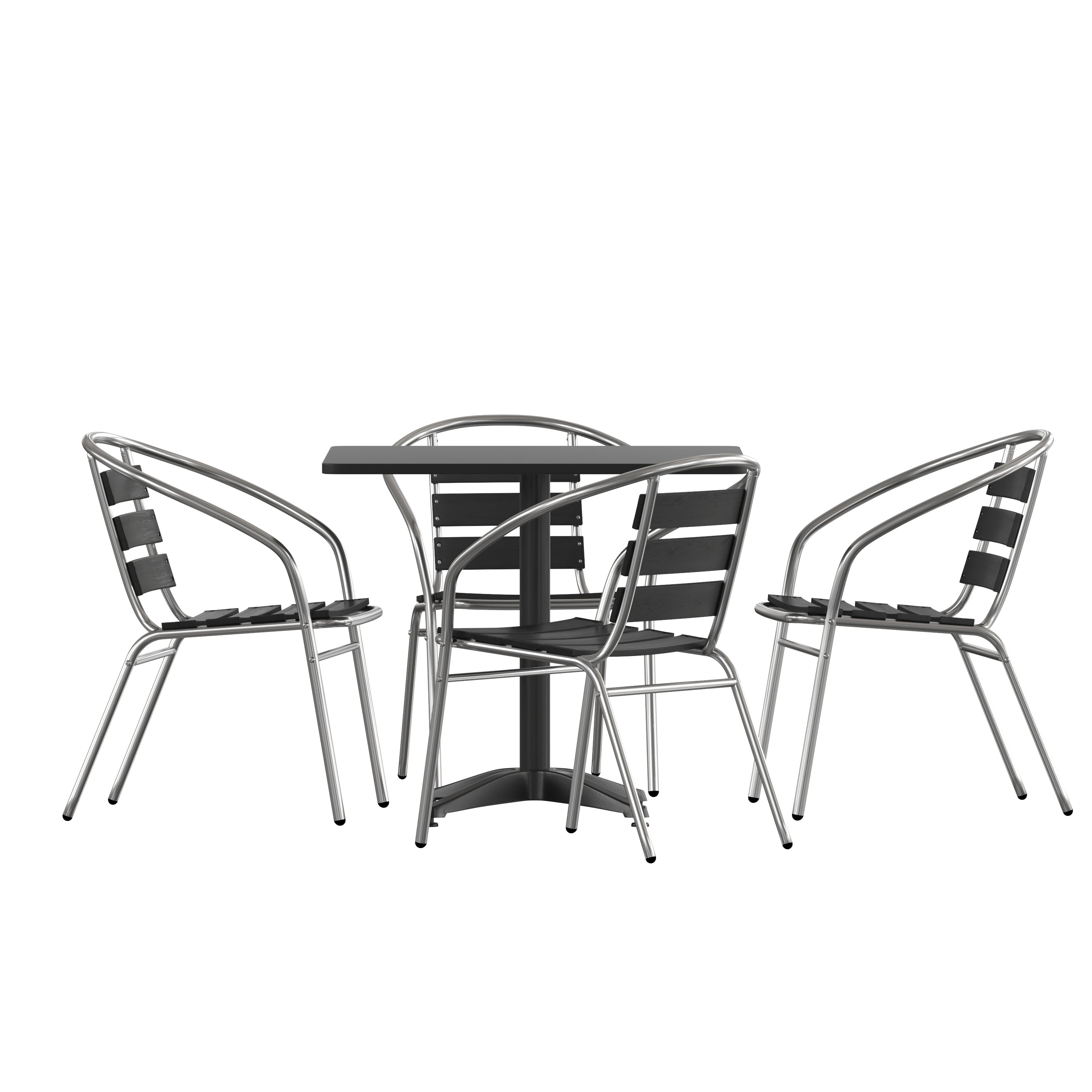 Lila 31.5'' Black Square Aluminum Indoor-Outdoor Table Set with 4 Black Slat Back Chairs