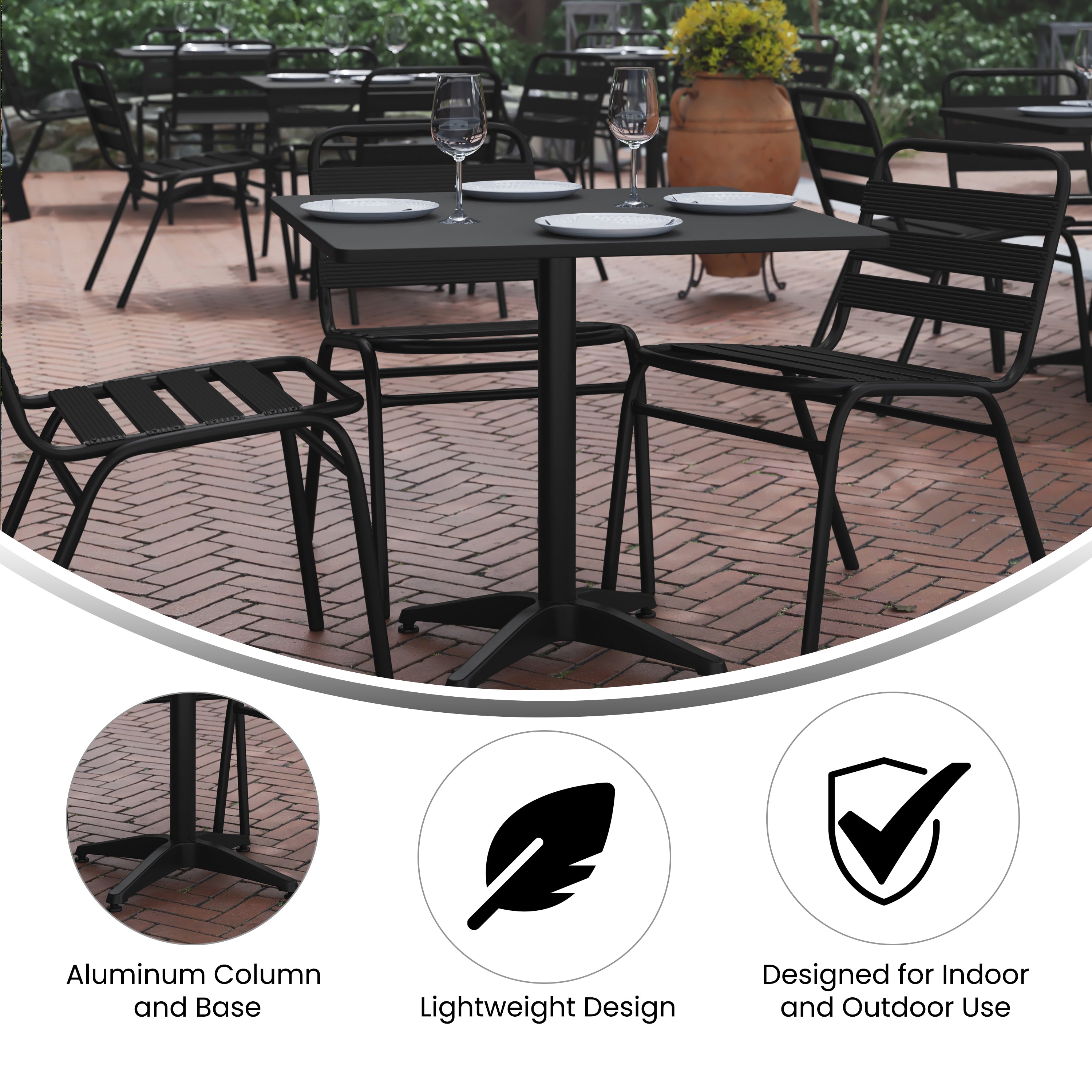 Lila 31.5'' Black Square Aluminum Indoor-Outdoor Table Set with 4 Black Slat Back Chairs