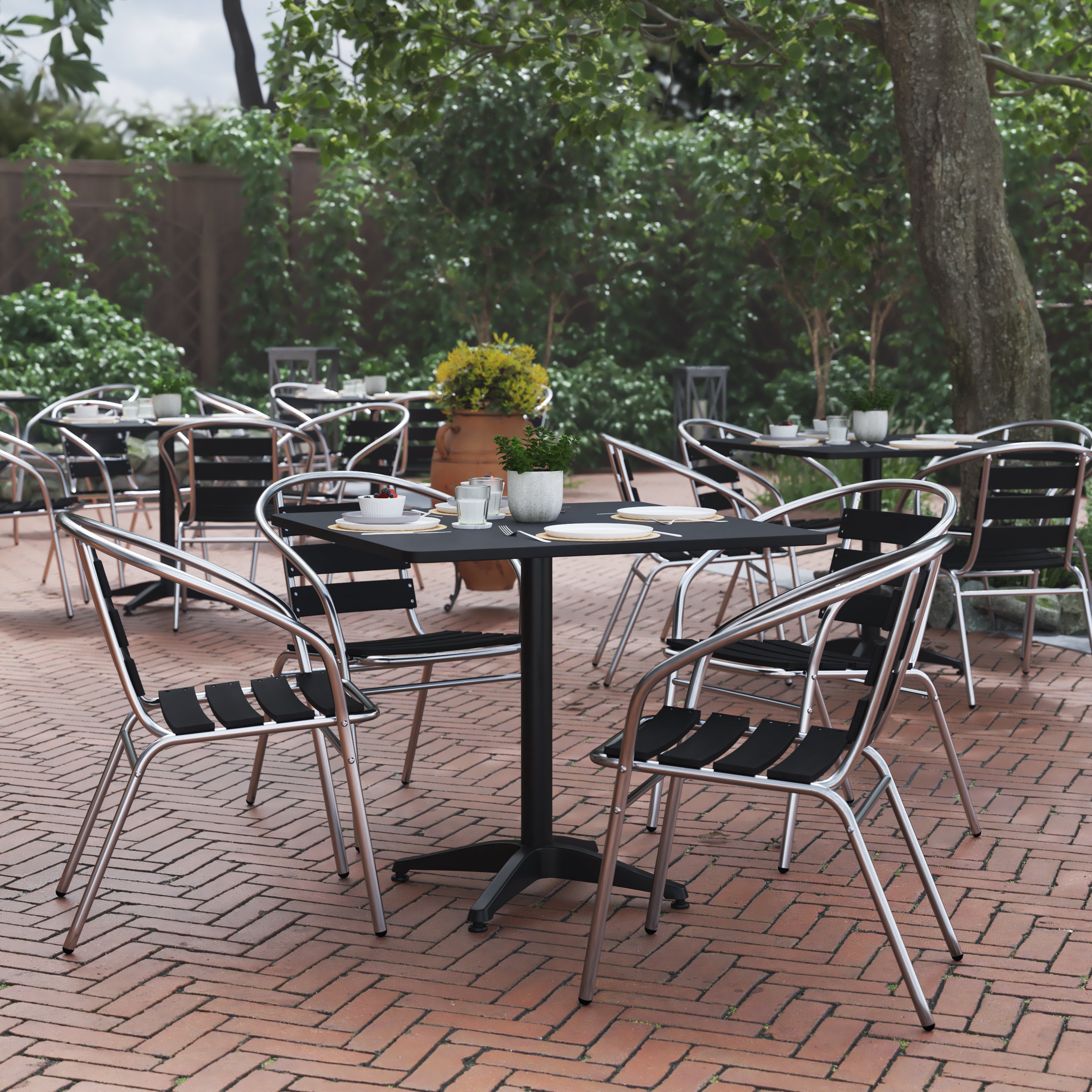 Lila 31.5'' Black Square Aluminum Indoor-Outdoor Table Set with 4 Black Slat Back Chairs