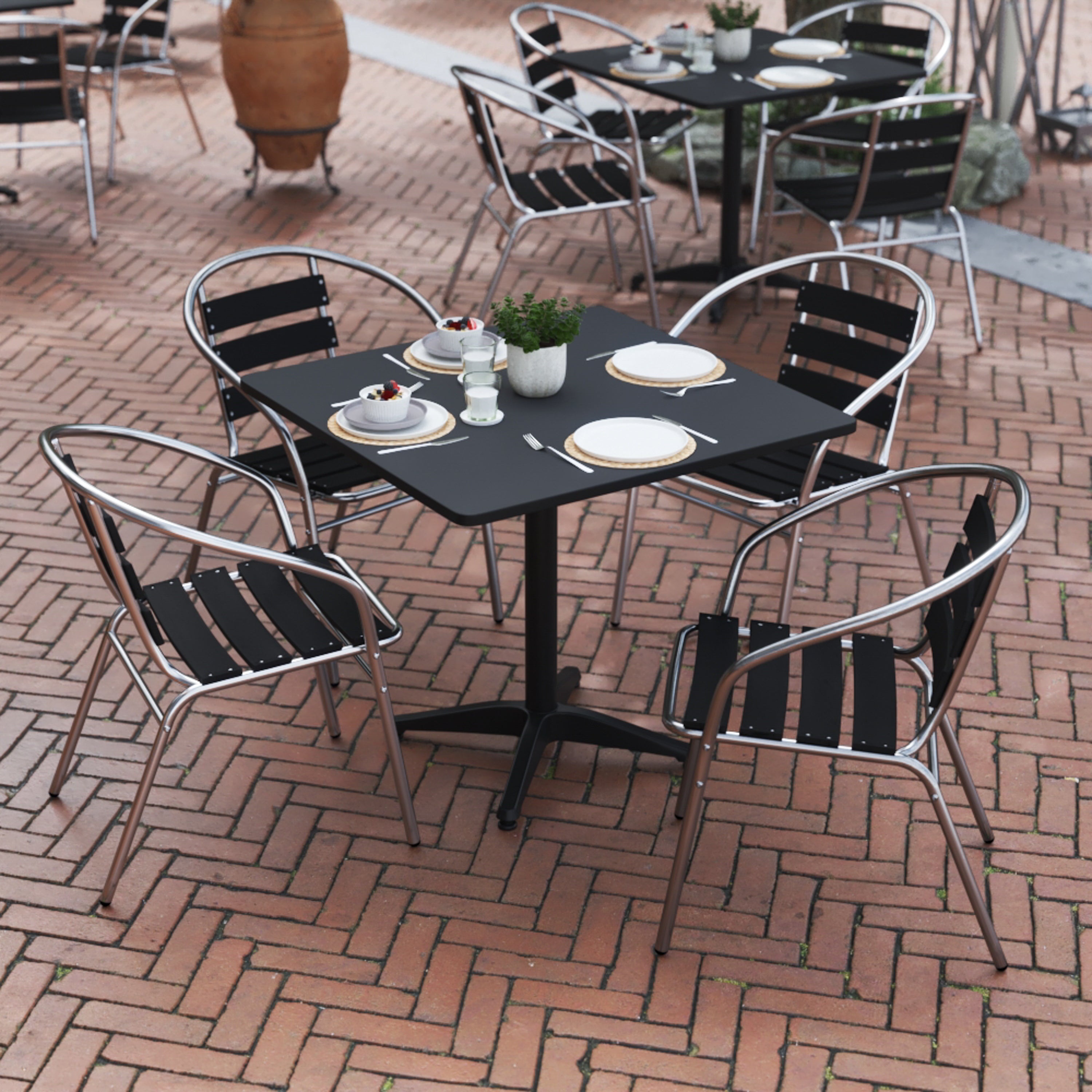 Lila 31.5'' Black Square Aluminum Indoor-Outdoor Table Set with 4 Black Slat Back Chairs