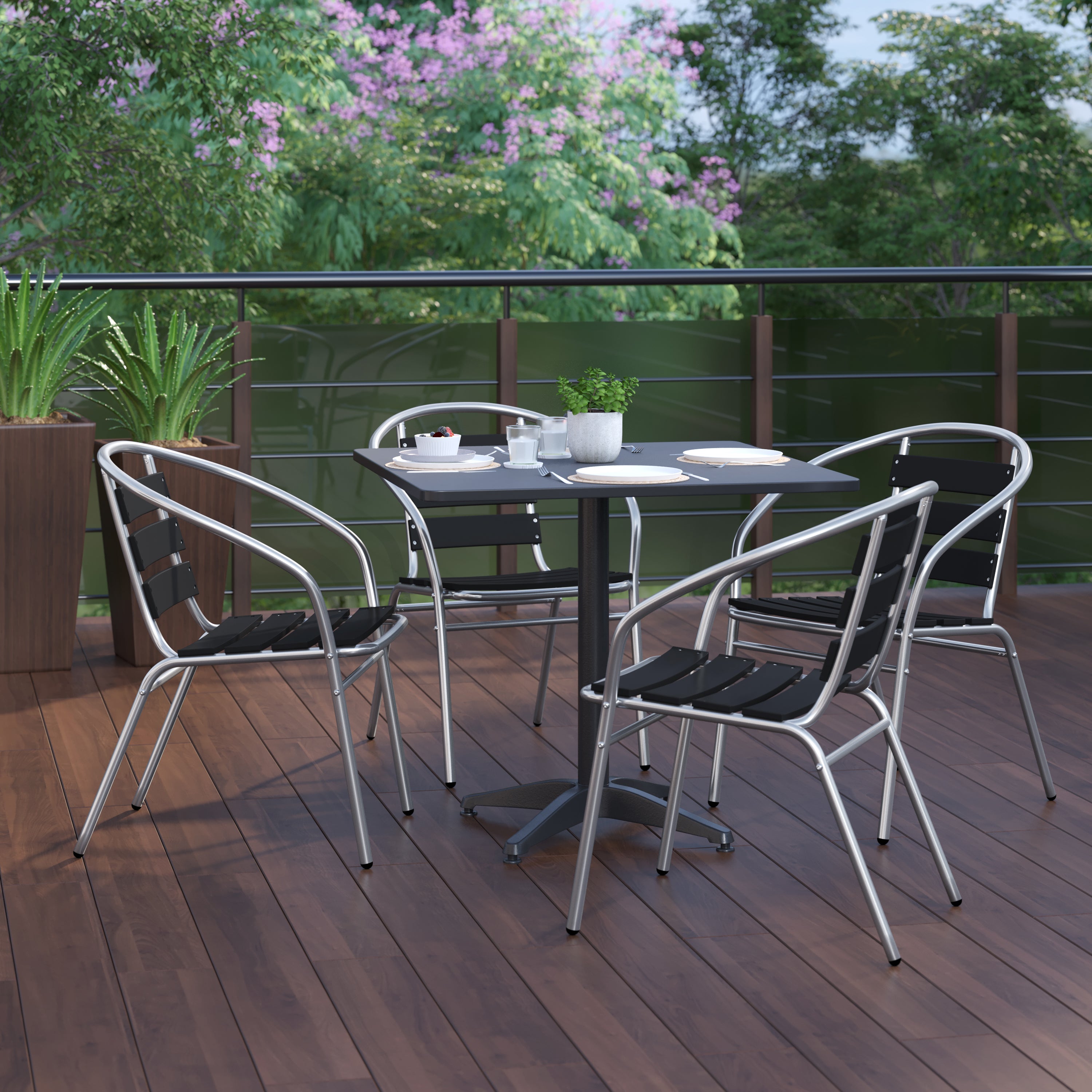 Lila 31.5'' Black Square Aluminum Indoor-Outdoor Table Set with 4 Black Slat Back Chairs