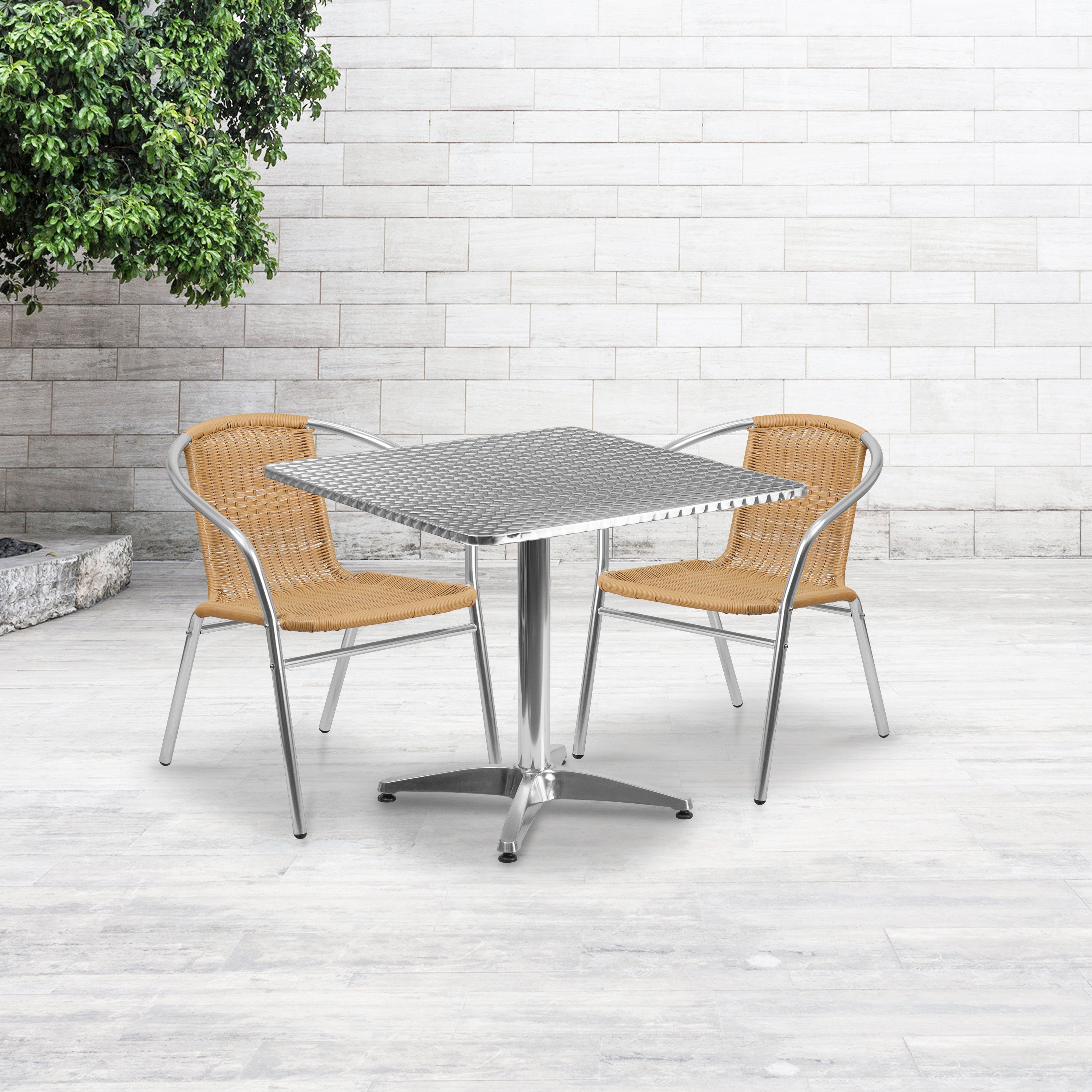 Lila 31.5'' Square Aluminum Indoor-Outdoor Table Set with 2 Beige Rattan Chairs