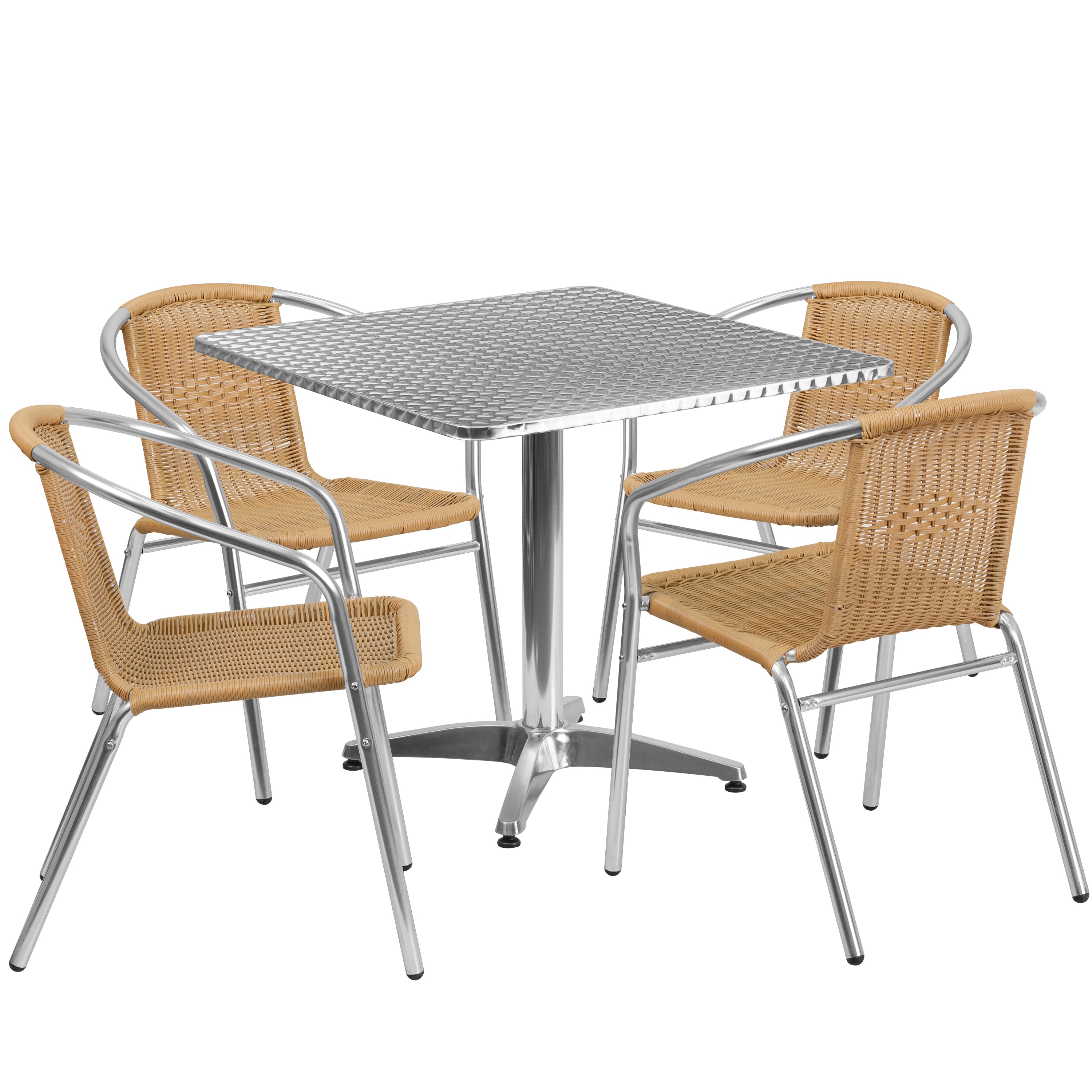 Lila 31.5'' Square Aluminum Indoor-Outdoor Table Set with 4 Beige Rattan Chairs