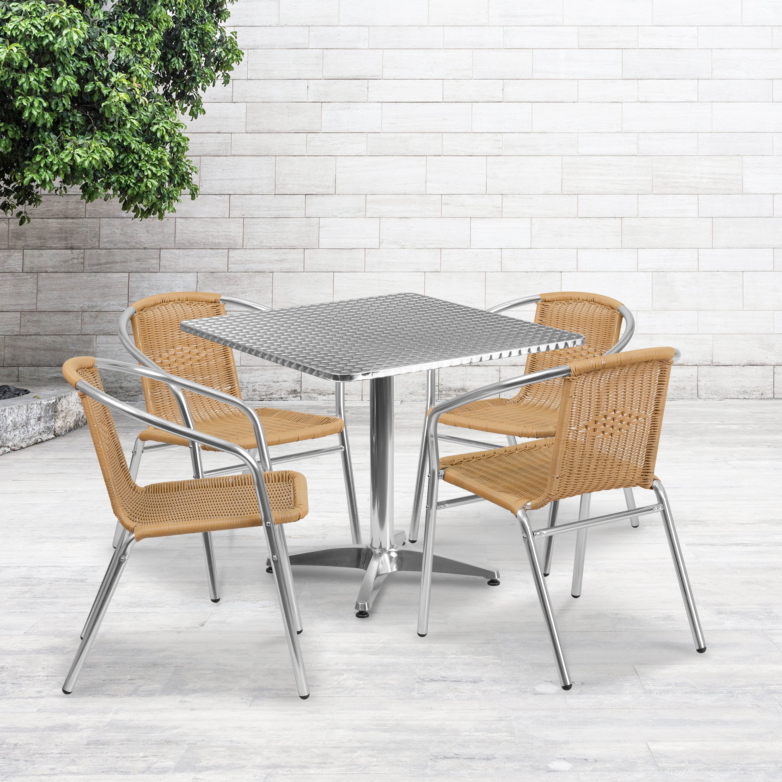 Lila 31.5'' Square Aluminum Indoor-Outdoor Table Set with 4 Beige Rattan Chairs