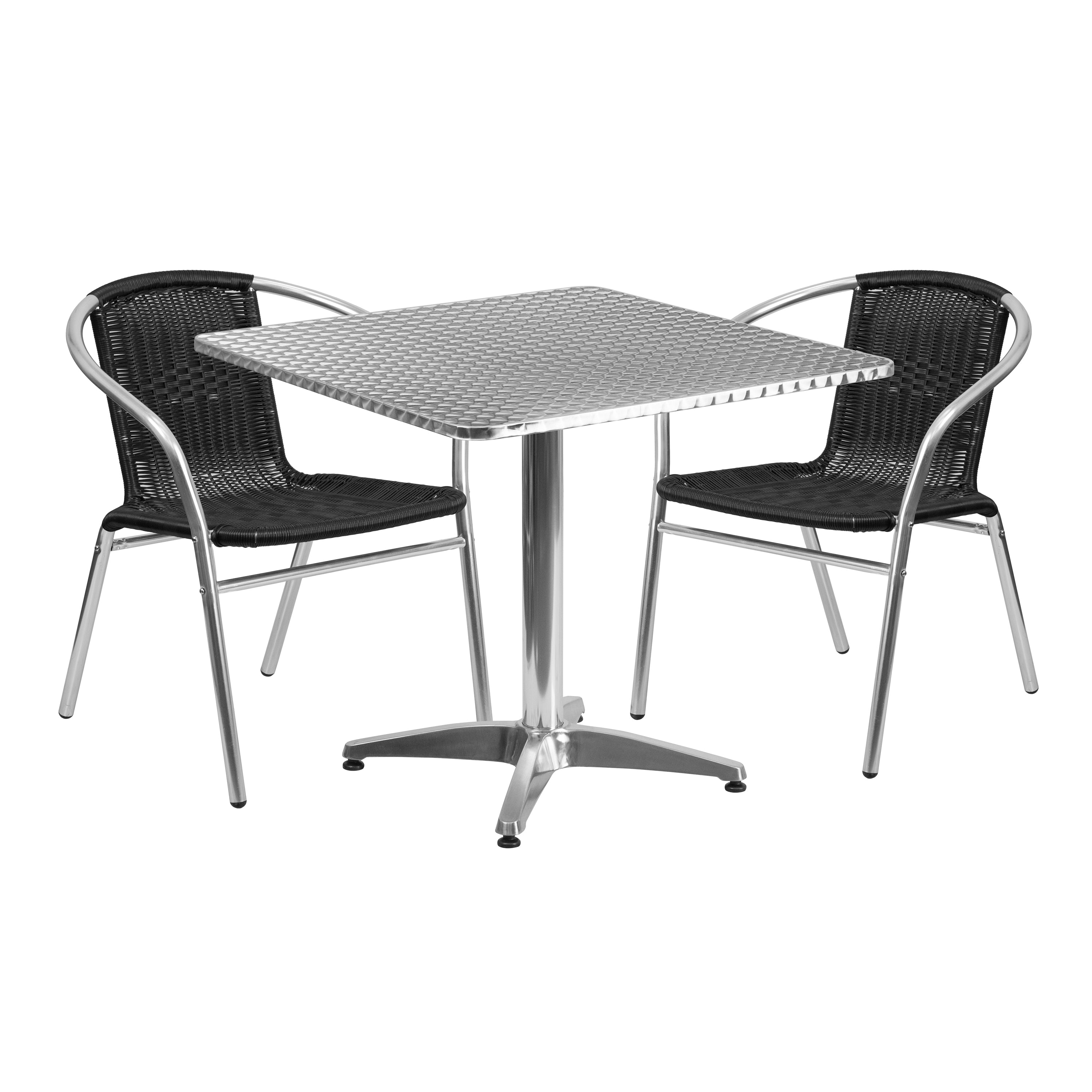 Lila 31.5'' Square Aluminum Indoor-Outdoor Table Set with 2 Black Rattan Chairs