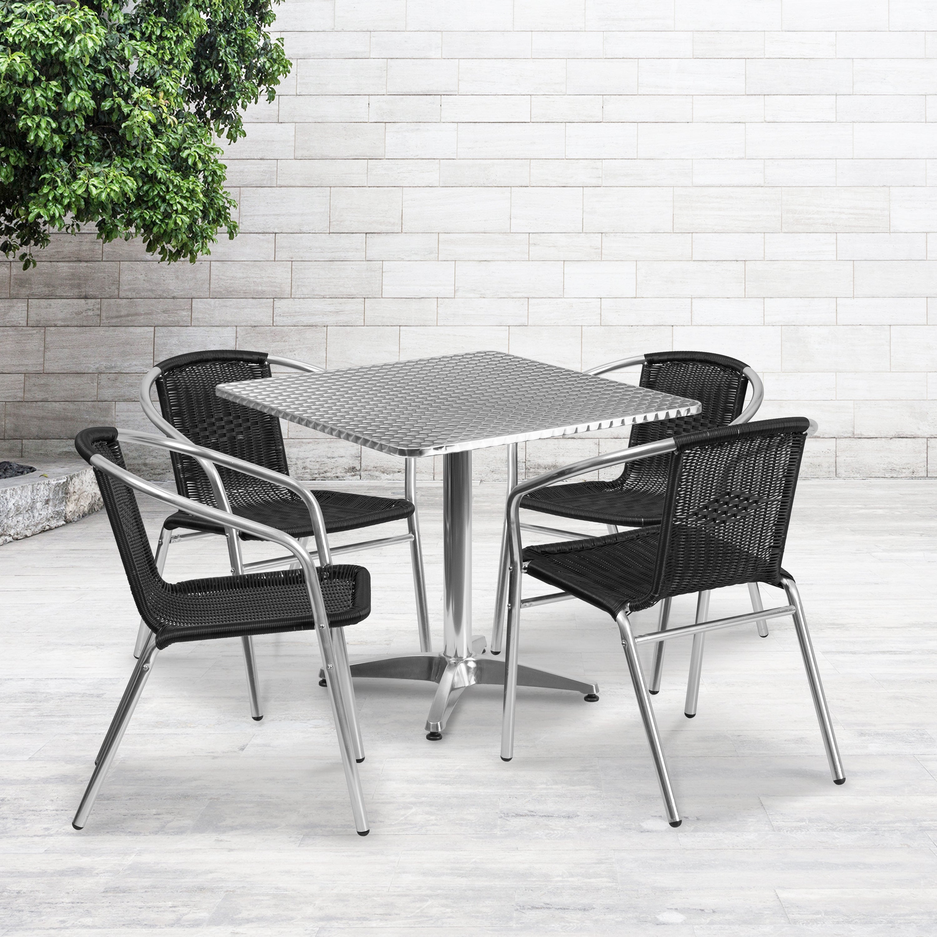 Lila 31.5'' Square Aluminum Indoor-Outdoor Table Set with 4 Black Rattan Chairs