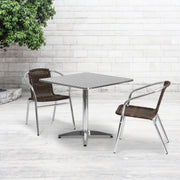Lila 31.5'' Square Aluminum Indoor-Outdoor Table Set with 2 Dark Brown Rattan Chairs