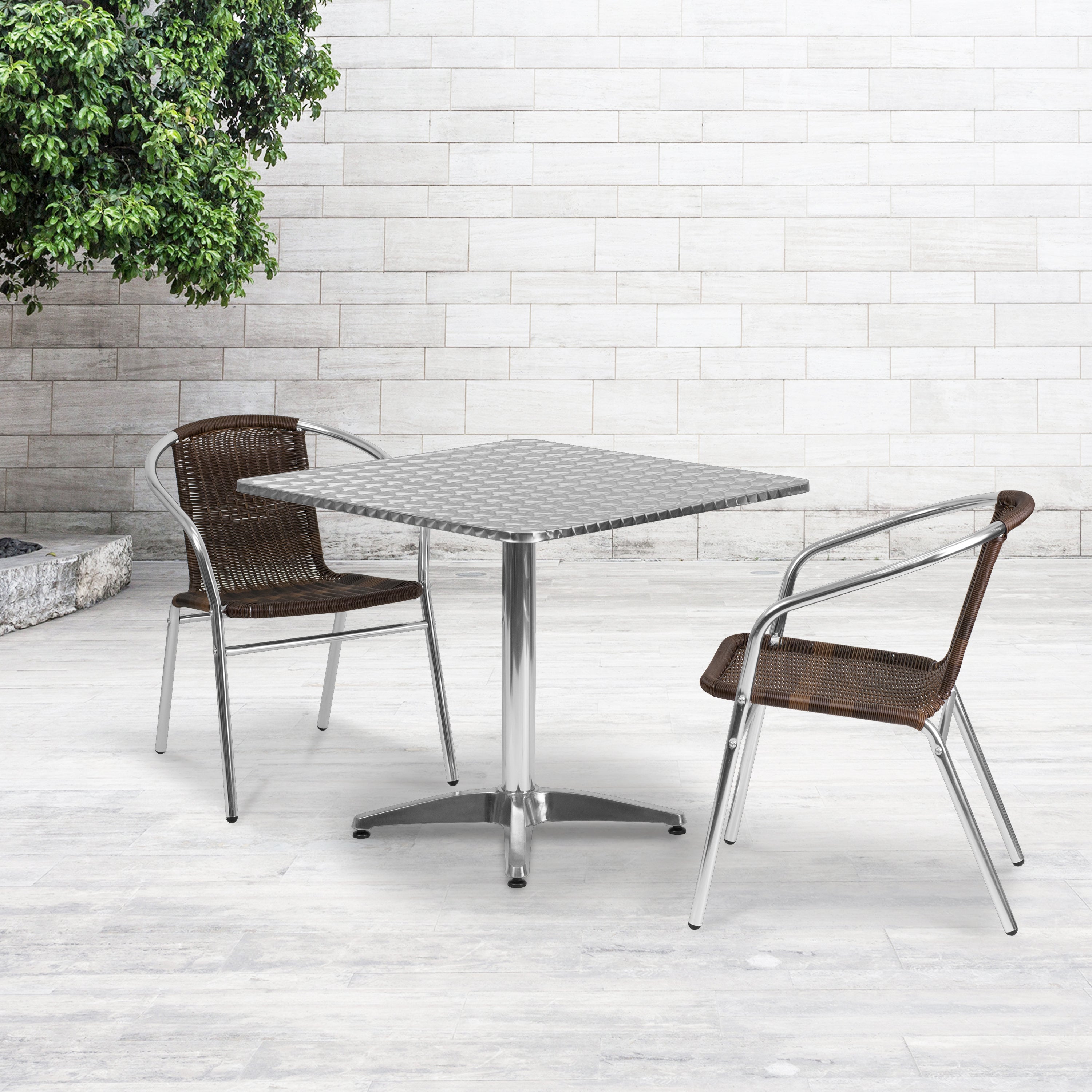 Lila 31.5'' Square Aluminum Indoor-Outdoor Table Set with 2 Dark Brown Rattan Chairs