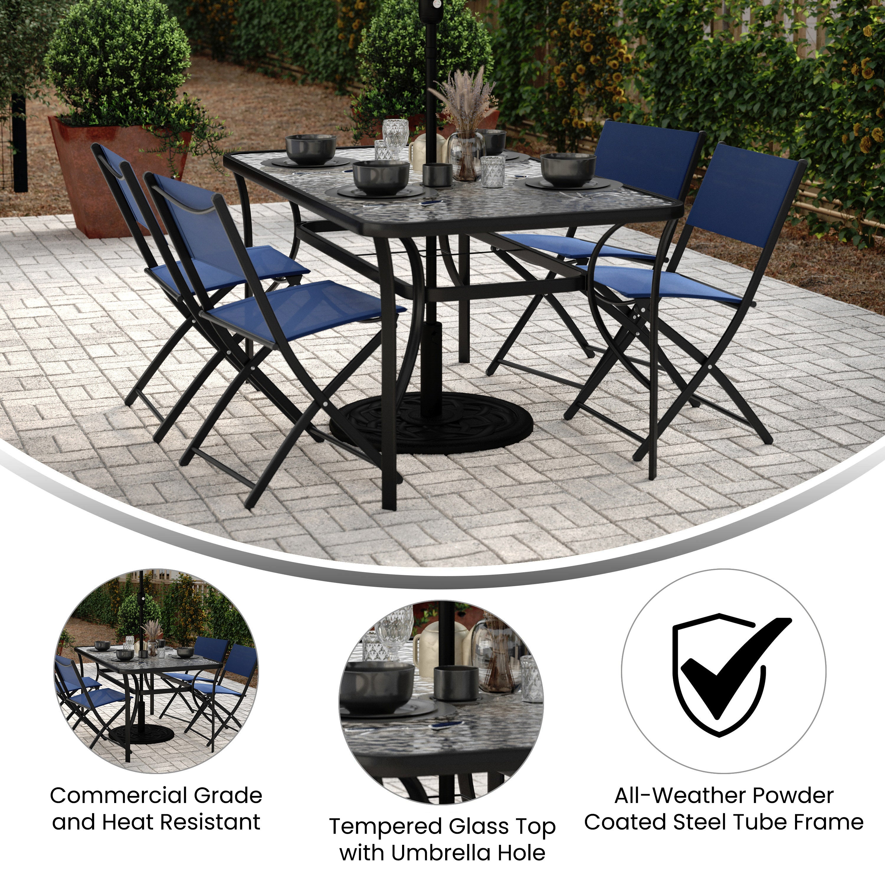 Tory Commercial Grade 35" x 59" Rectangular Patio Table with Tempered Glass Top with Umbrella Hole and Steel Tube Frame in Black
