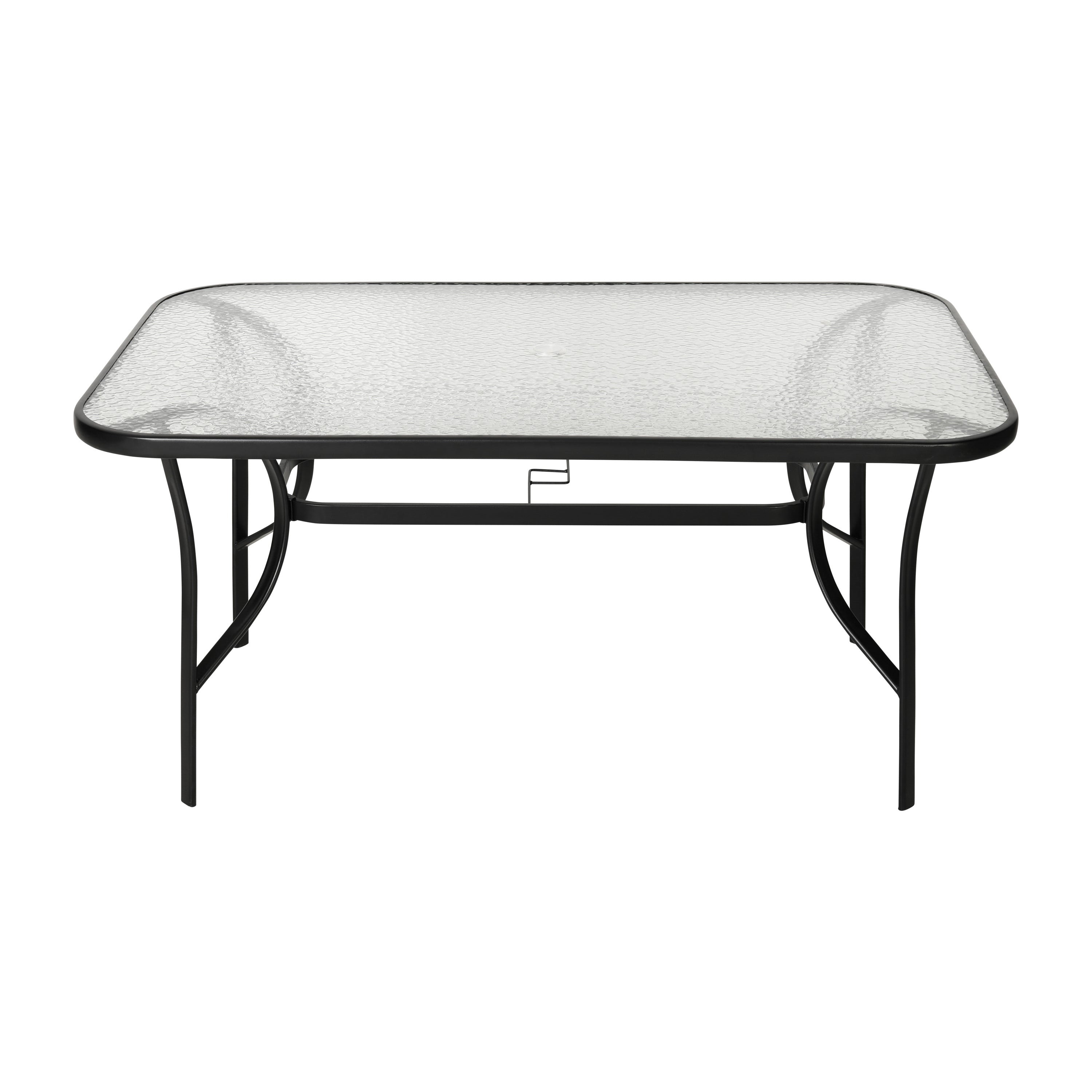 Tory Commercial Grade 35" x 59" Rectangular Patio Table with Tempered Glass Top with Umbrella Hole and Steel Tube Frame in Black