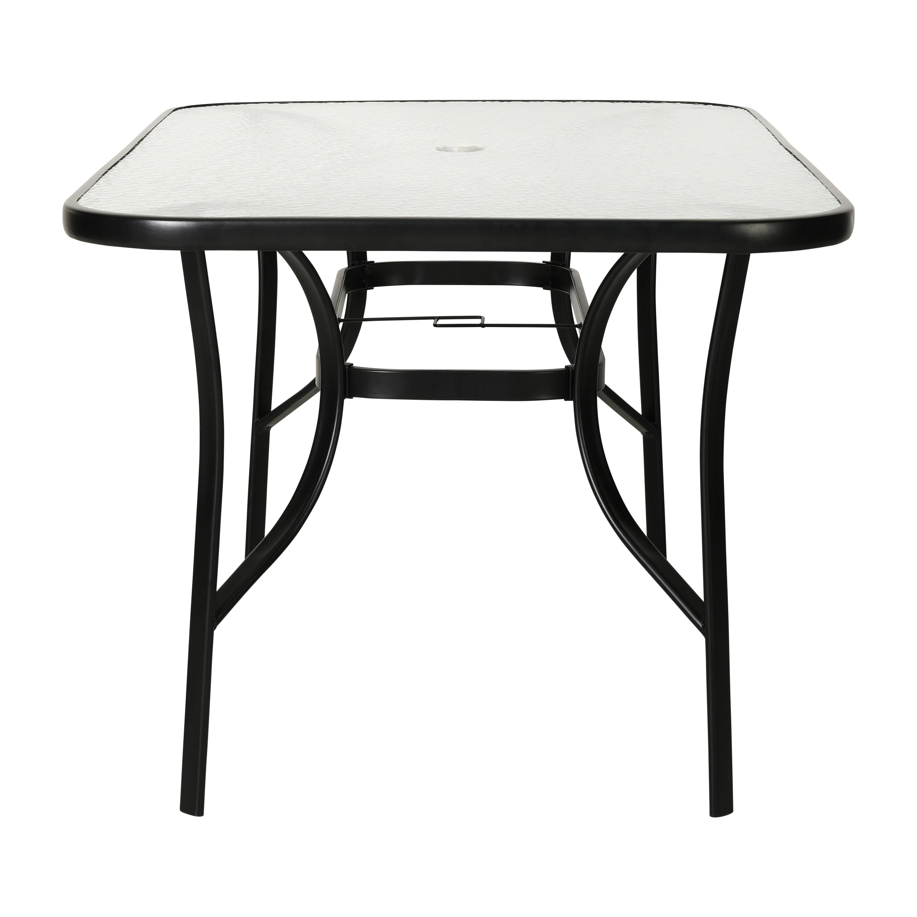 Tory Commercial Grade 35" x 59" Rectangular Patio Table with Tempered Glass Top with Umbrella Hole and Steel Tube Frame in Black