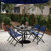 Tory Commercial Grade 35" x 59" Rectangular Patio Table with Tempered Glass Top with Umbrella Hole and Steel Tube Frame in Black
