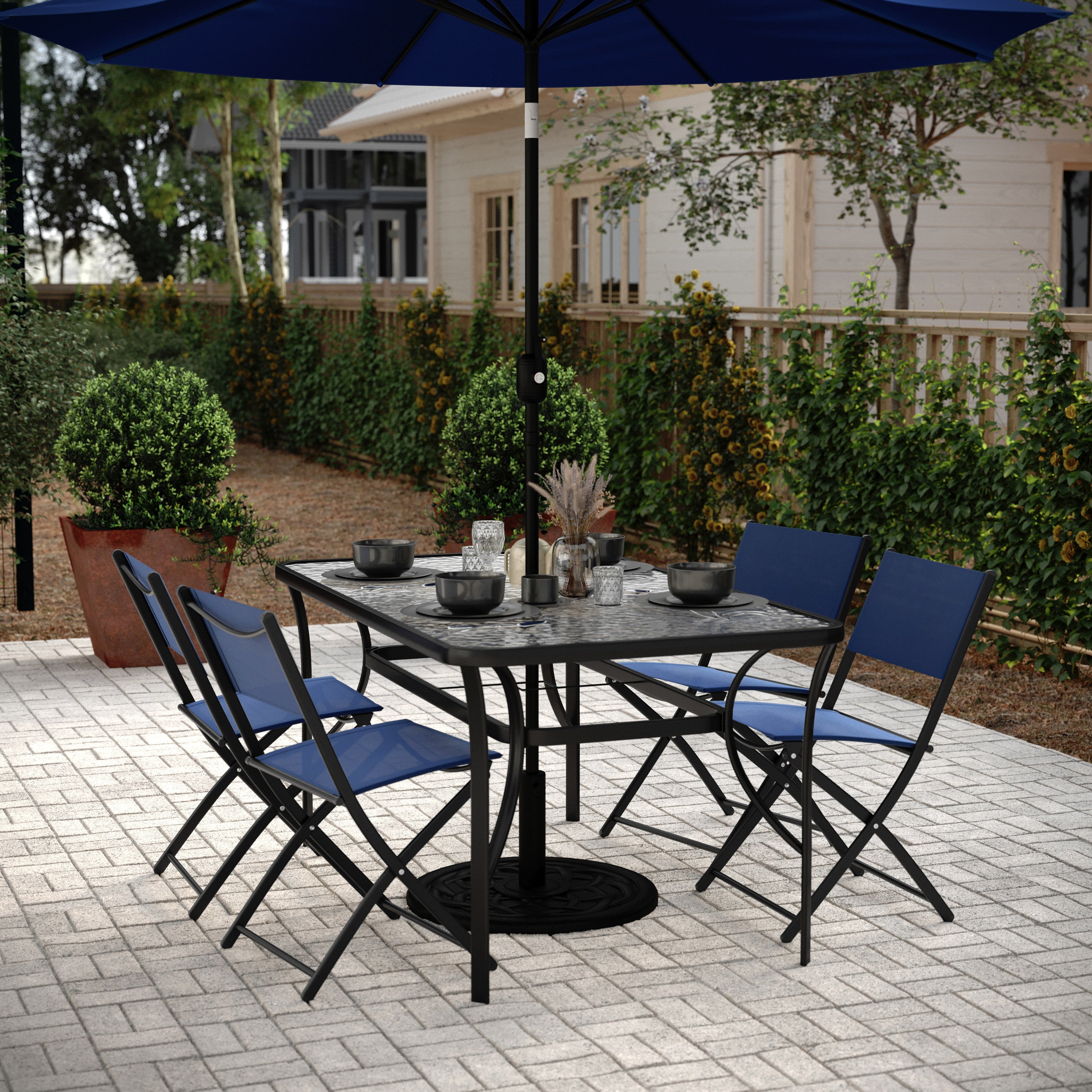 Tory Commercial Grade 35" x 59" Rectangular Patio Table with Tempered Glass Top with Umbrella Hole and Steel Tube Frame in Black