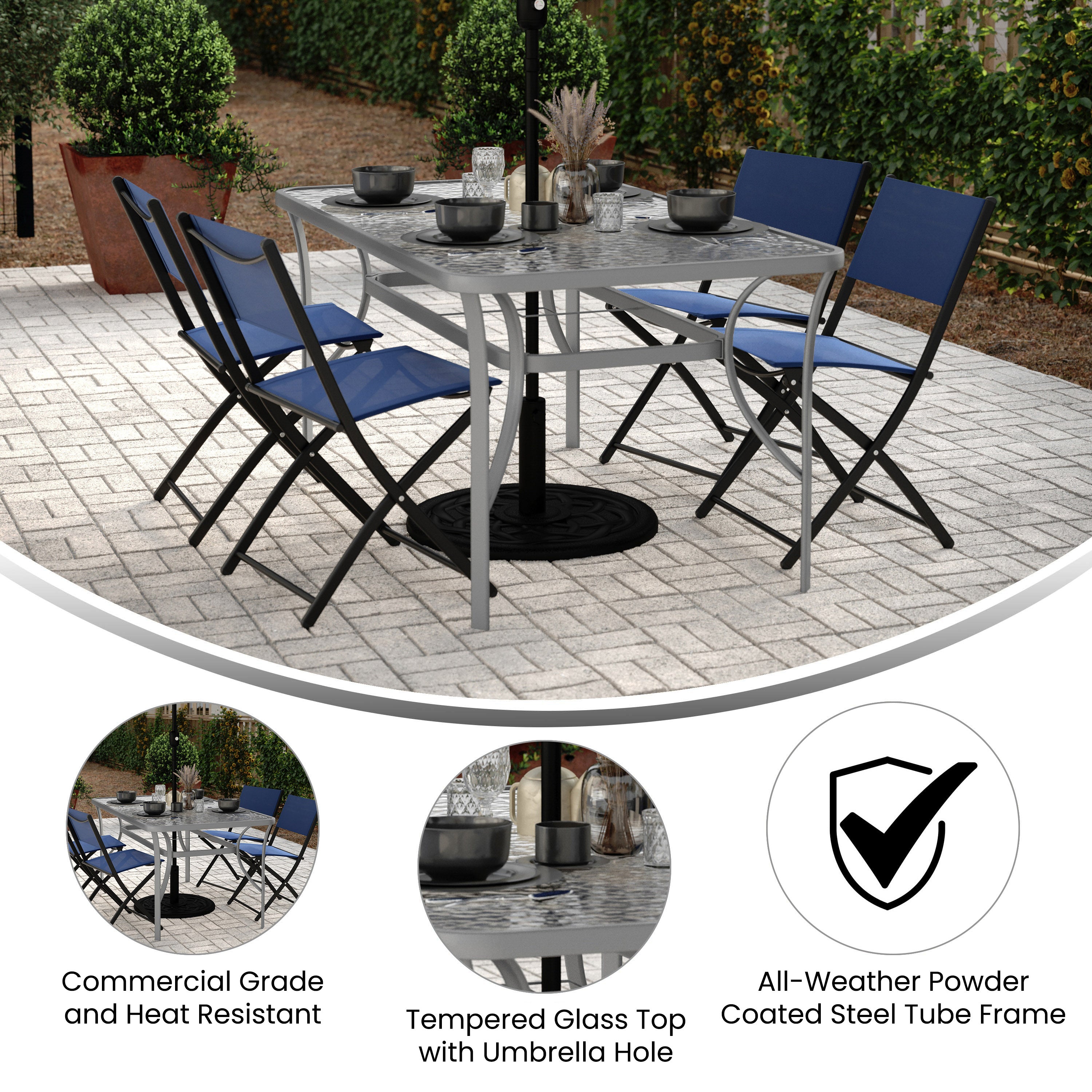 Tory Commercial Grade 35" x 59" Rectangular Patio Table with Tempered Glass Top with Umbrella Hole and Steel Tube Frame in Silver