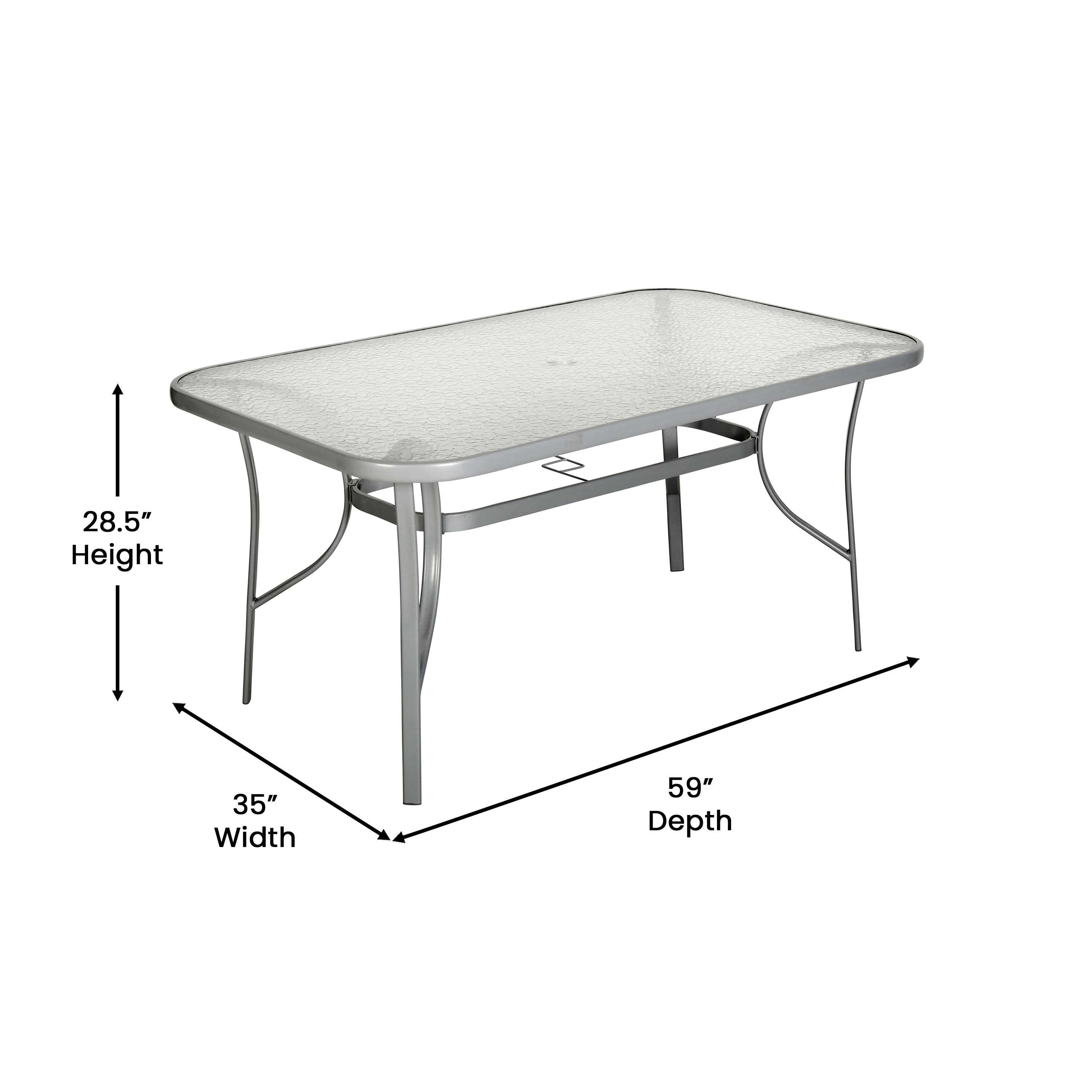 Tory Commercial Grade 35" x 59" Rectangular Patio Table with Tempered Glass Top with Umbrella Hole and Steel Tube Frame in Silver