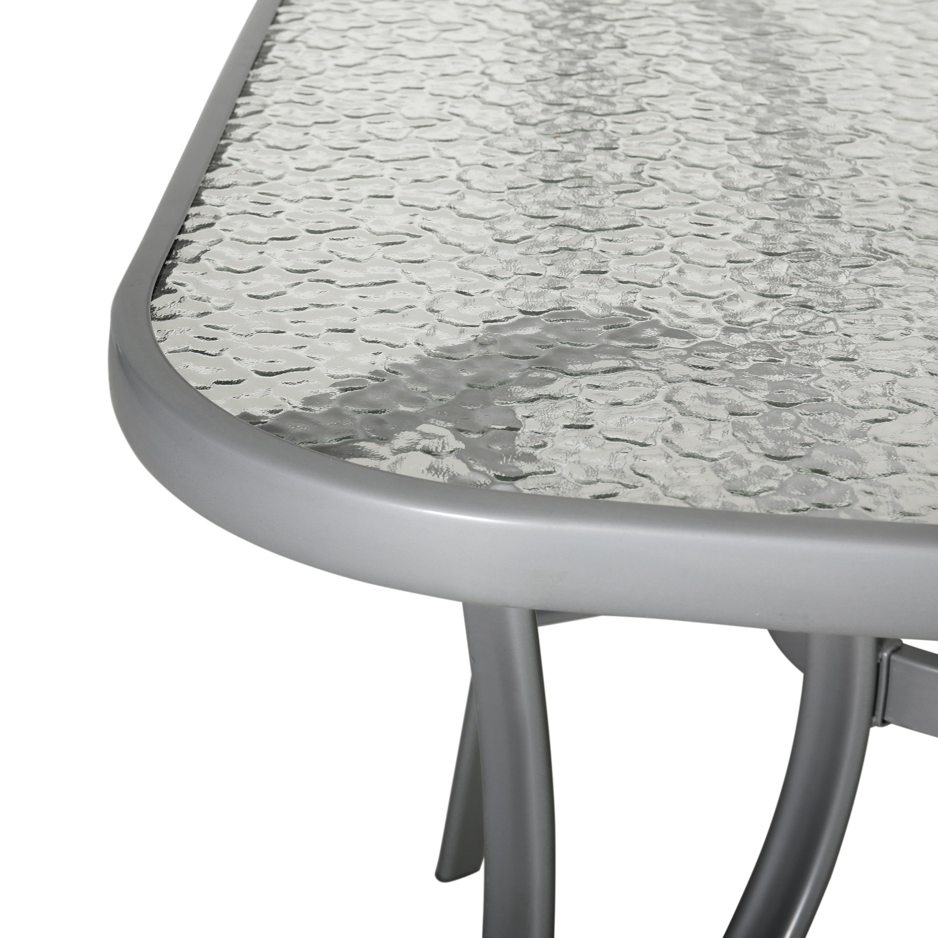 Tory Commercial Grade 35" x 59" Rectangular Patio Table with Tempered Glass Top with Umbrella Hole and Steel Tube Frame in Silver
