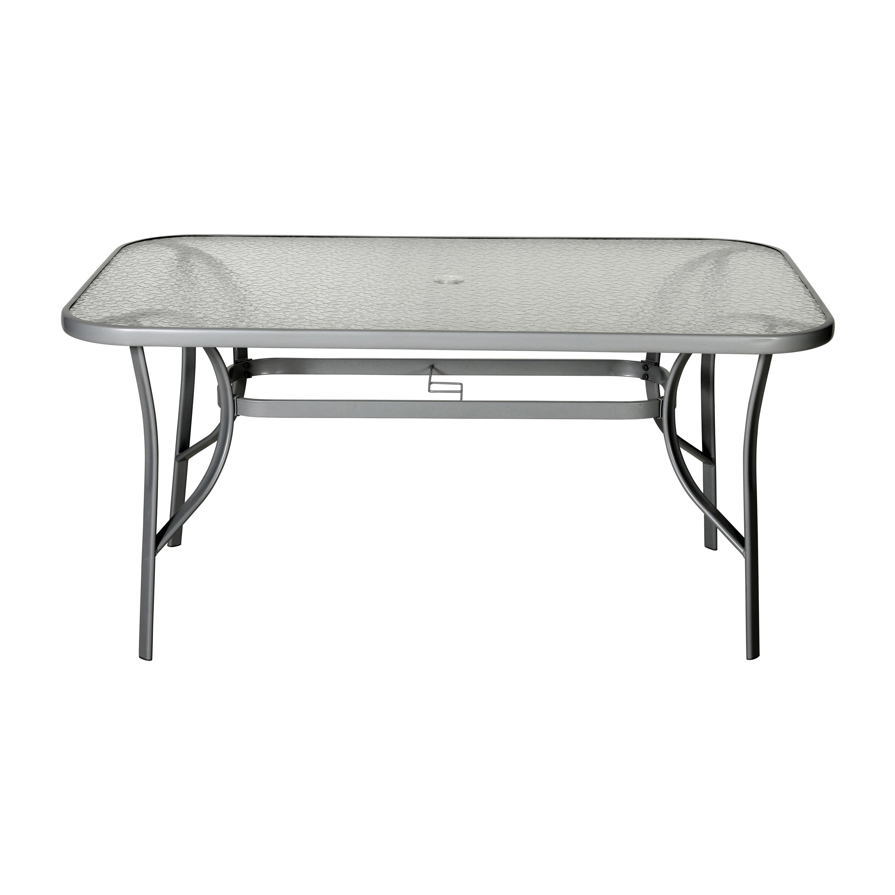 Tory Commercial Grade 35" x 59" Rectangular Patio Table with Tempered Glass Top with Umbrella Hole and Steel Tube Frame in Silver