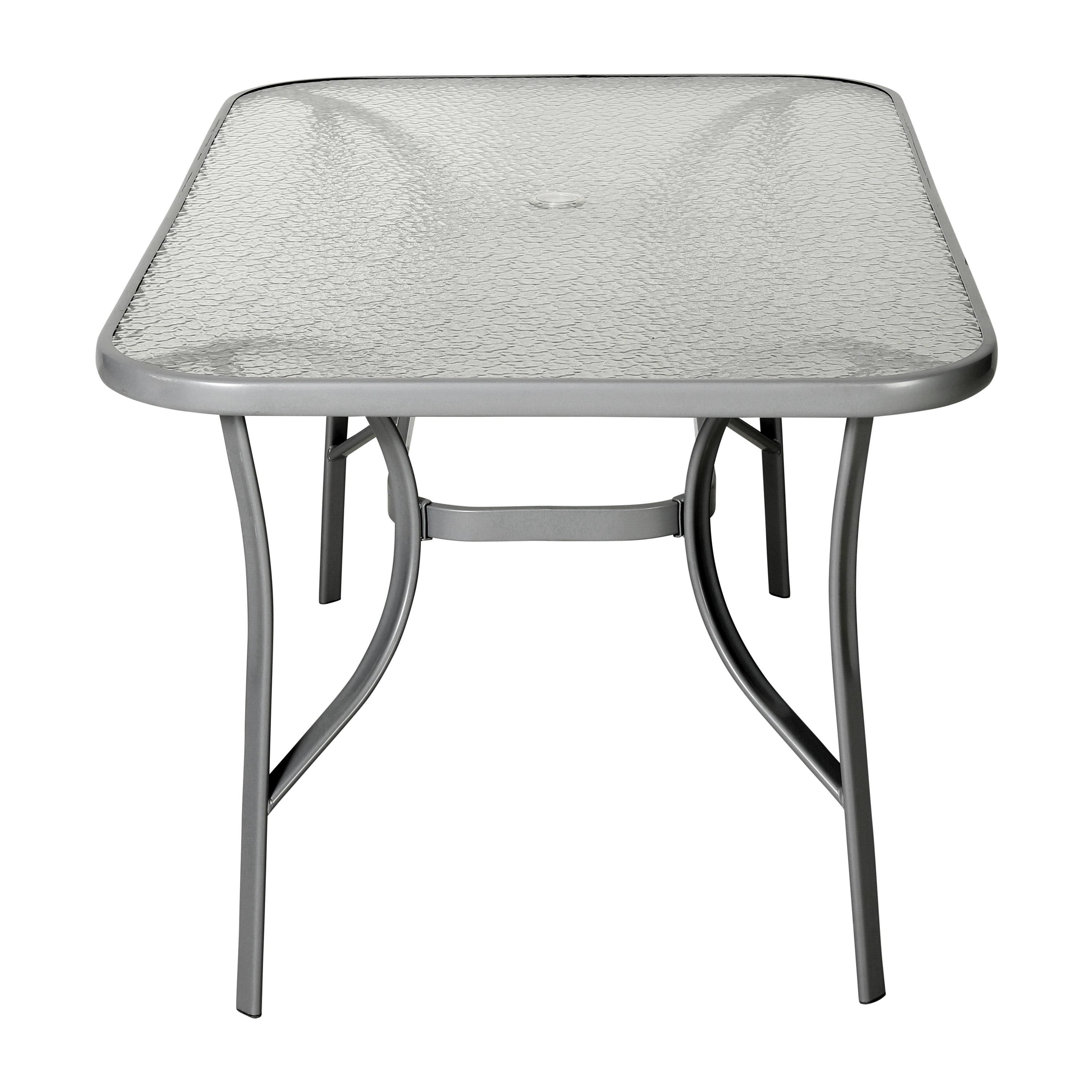 Tory Commercial Grade 35" x 59" Rectangular Patio Table with Tempered Glass Top with Umbrella Hole and Steel Tube Frame in Silver