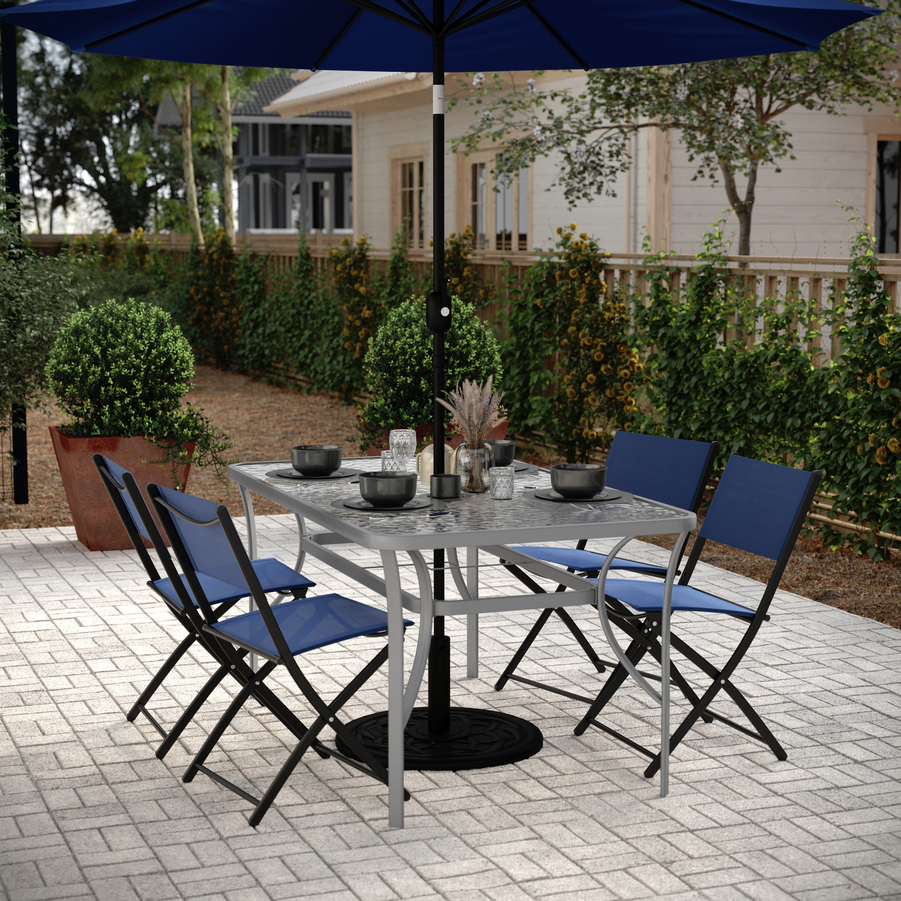 Tory Commercial Grade 35" x 59" Rectangular Patio Table with Tempered Glass Top with Umbrella Hole and Steel Tube Frame in Silver