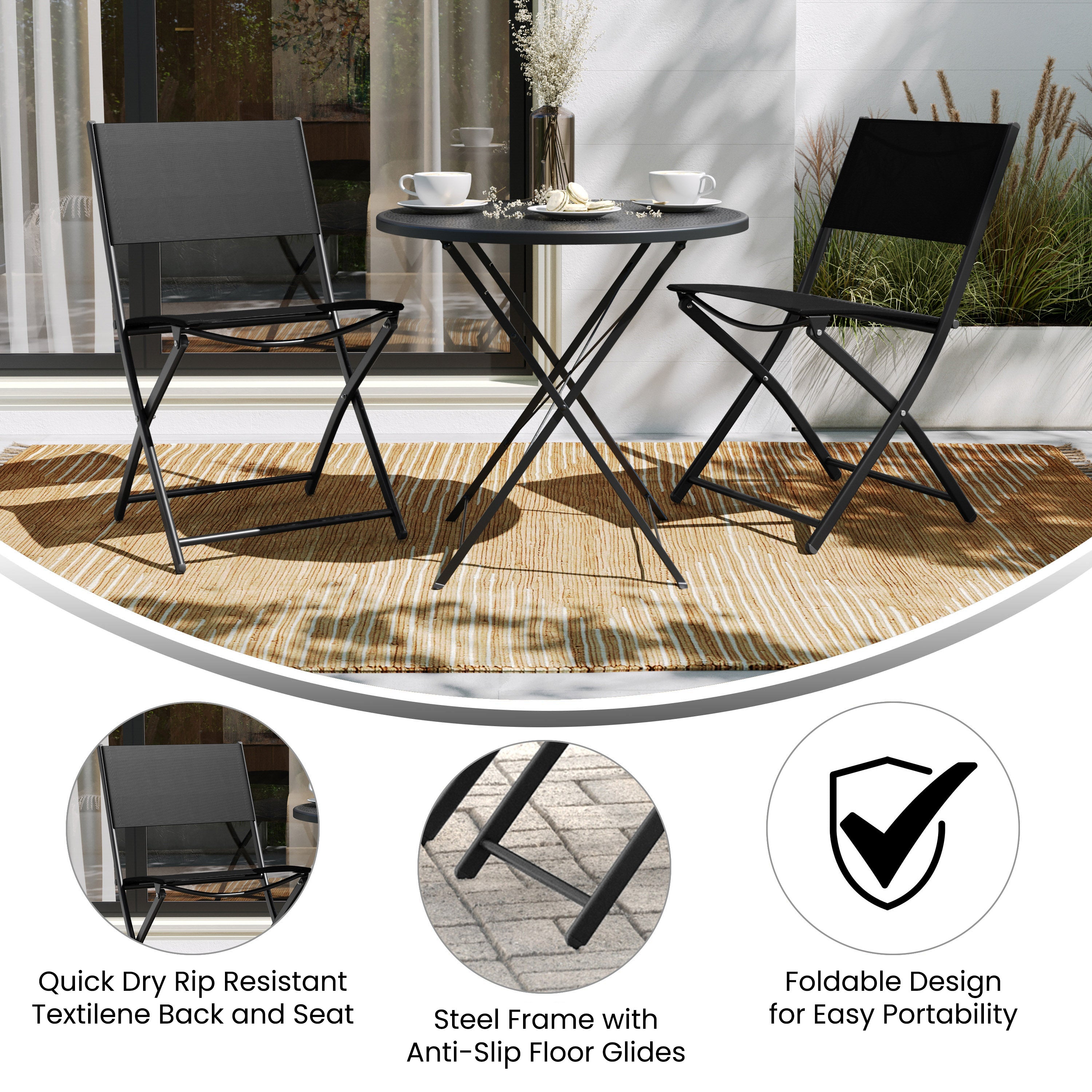 Brazos Set of 2 Commercial Grade Indoor/Outdoor Folding Chairs with Black Flex Comfort Material Backs and Seats and Black Metal Frames