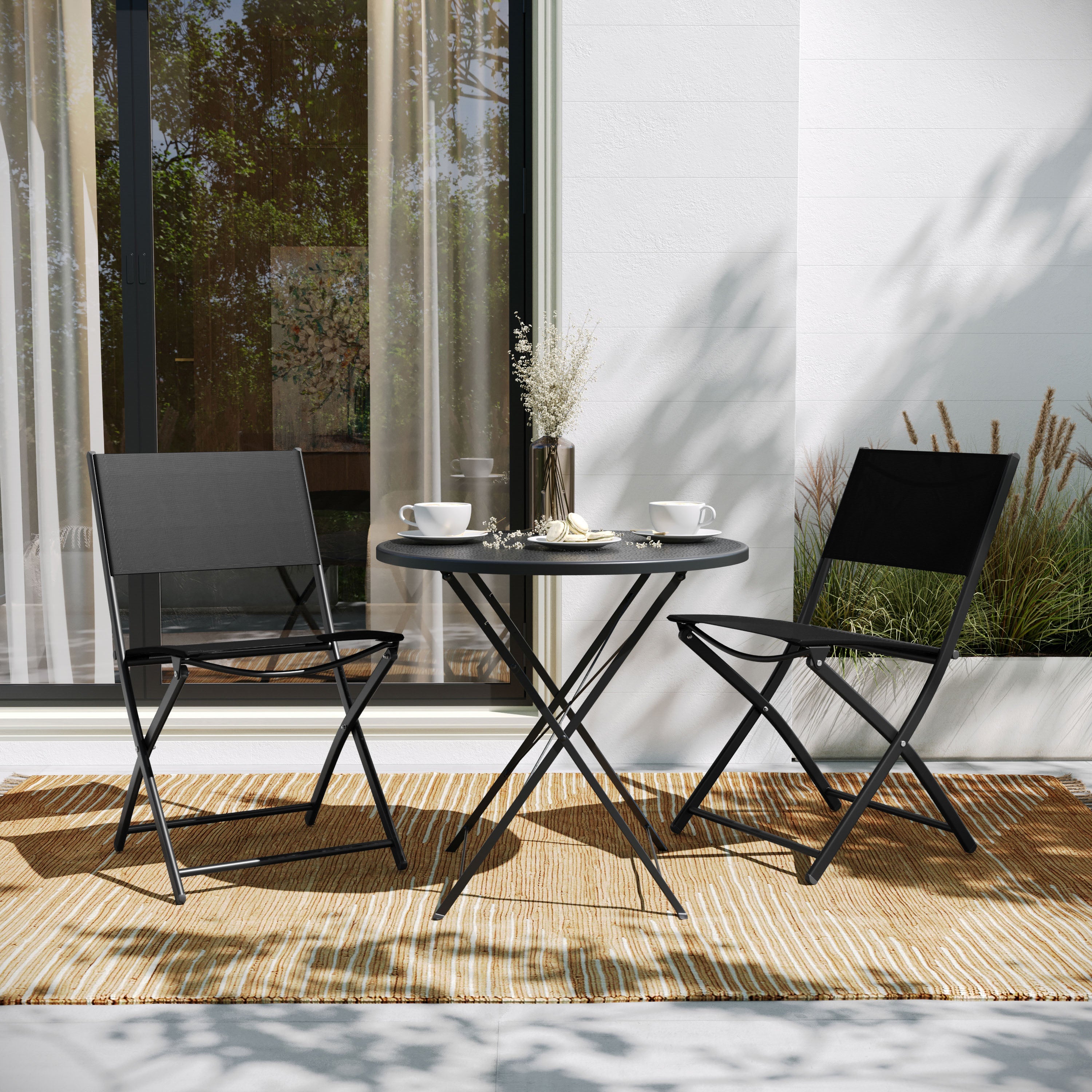 Brazos Set of 2 Commercial Grade Indoor/Outdoor Folding Chairs with Black Flex Comfort Material Backs and Seats and Black Metal Frames