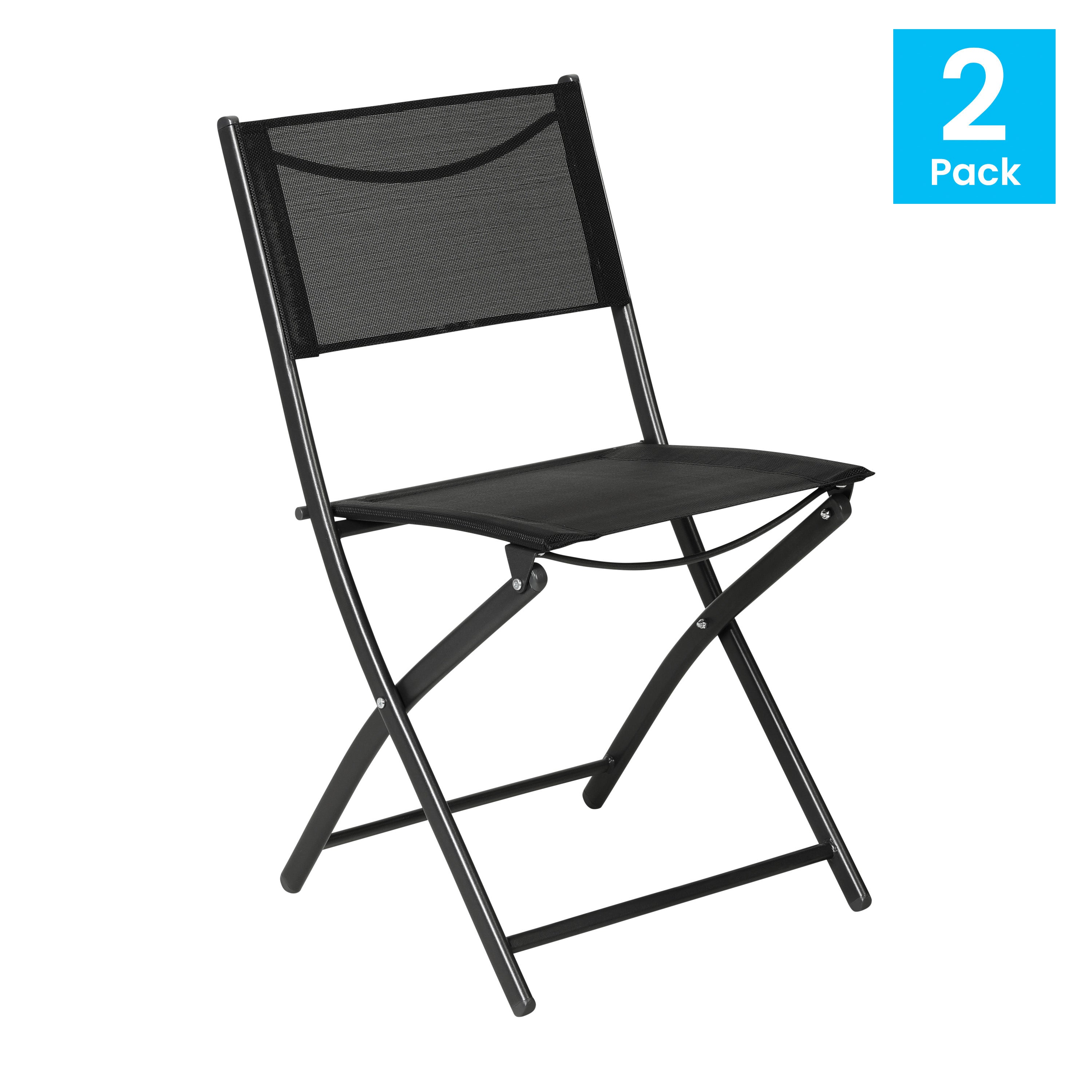 Brazos Set of 2 Commercial Grade Indoor/Outdoor Folding Chairs with Black Flex Comfort Material Backs and Seats and Black Metal Frames