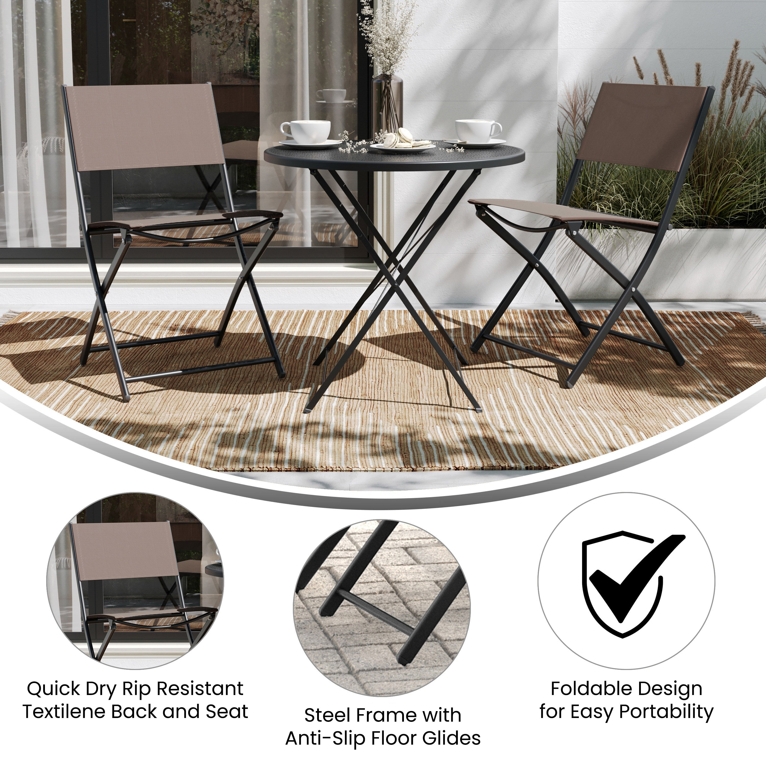 Brazos Set of 2 Commercial Grade Indoor/Outdoor Folding Chairs with Brown Flex Comfort Material Backs and Seats and Black Metal Frames