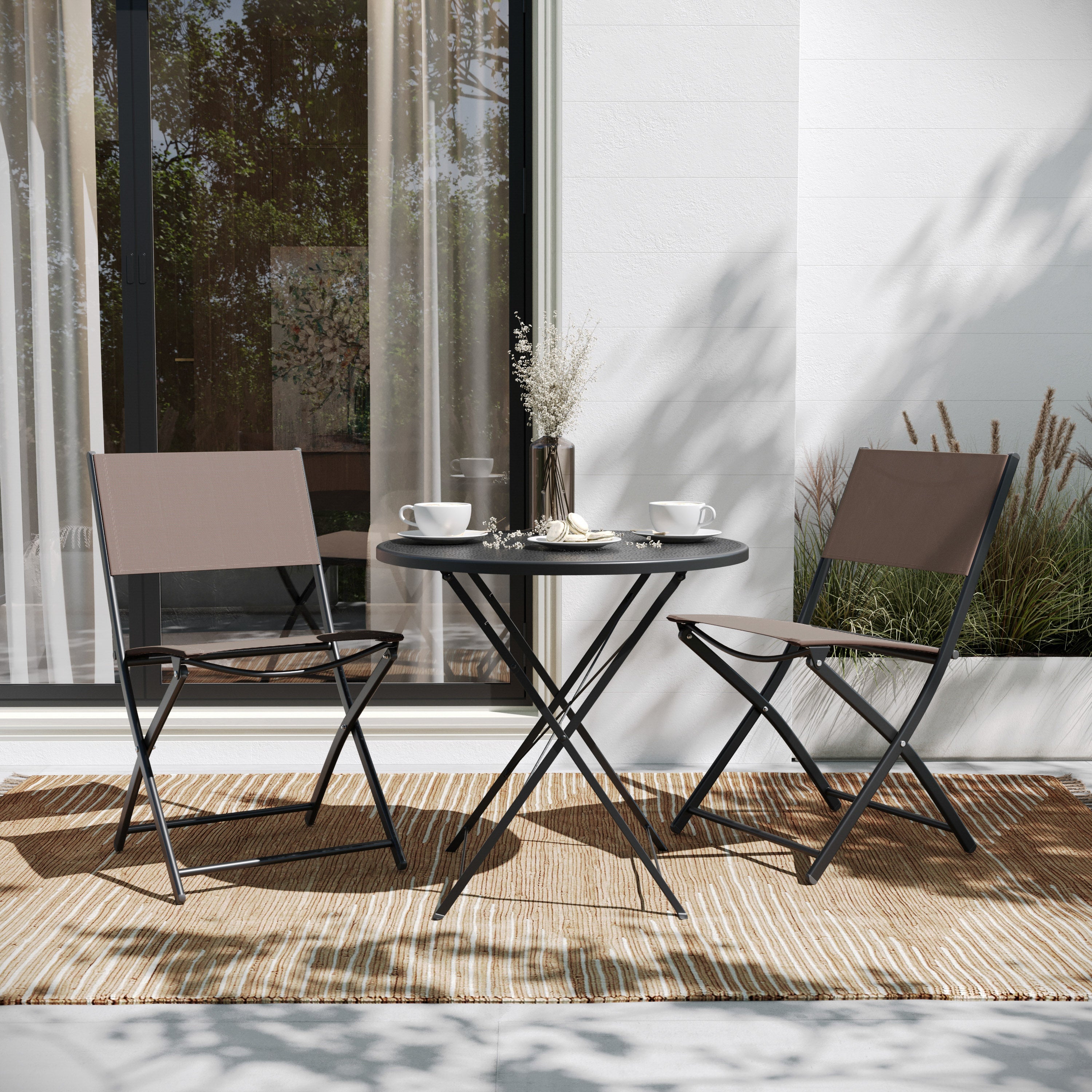 Brazos Set of 2 Commercial Grade Indoor/Outdoor Folding Chairs with Brown Flex Comfort Material Backs and Seats and Black Metal Frames