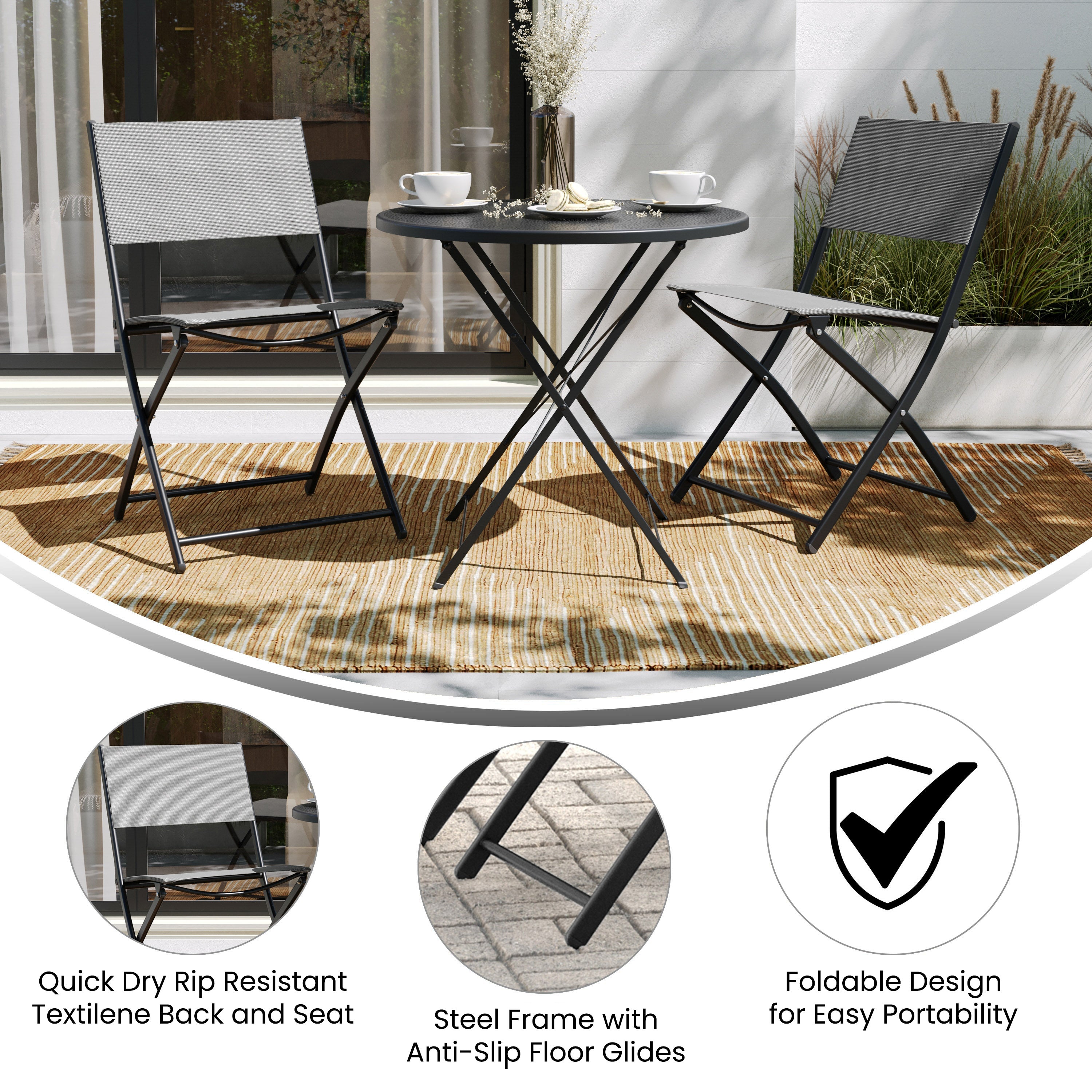 Brazos Set of 2 Commercial Grade Indoor/Outdoor Folding Chairs with Gray Flex Comfort Material Backs and Seats and Black Metal Frames