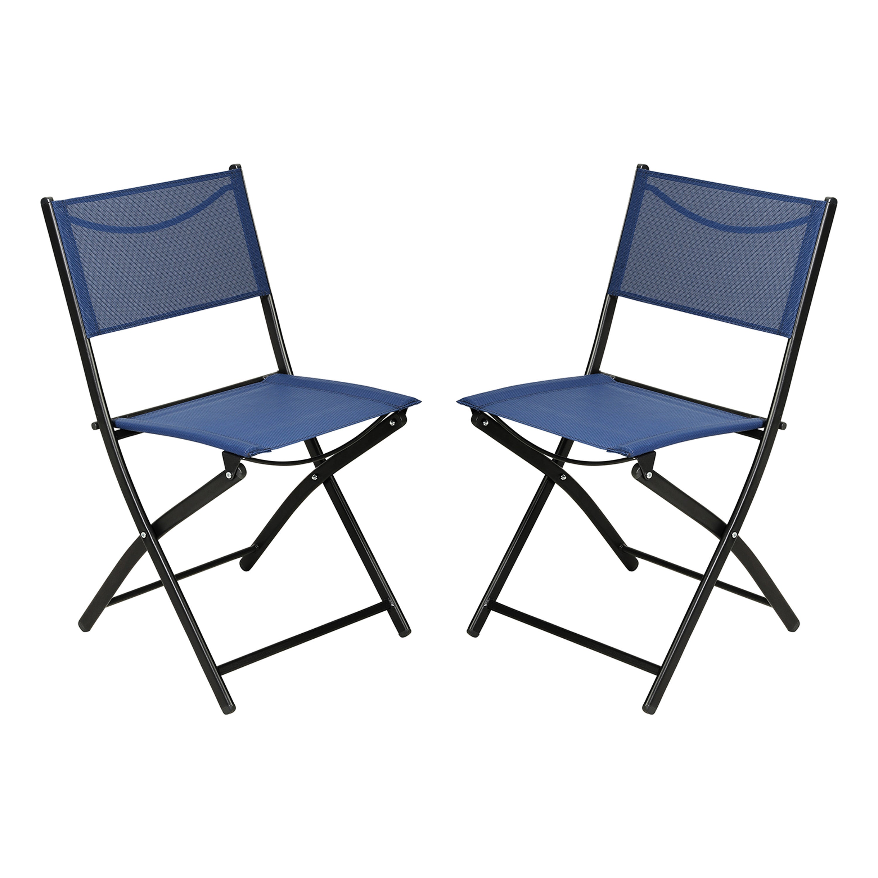 Brazos Set of 2 Commercial Grade Indoor/Outdoor Folding Chairs with Navy Flex Comfort Material Backs and Seats and Black Metal Frames