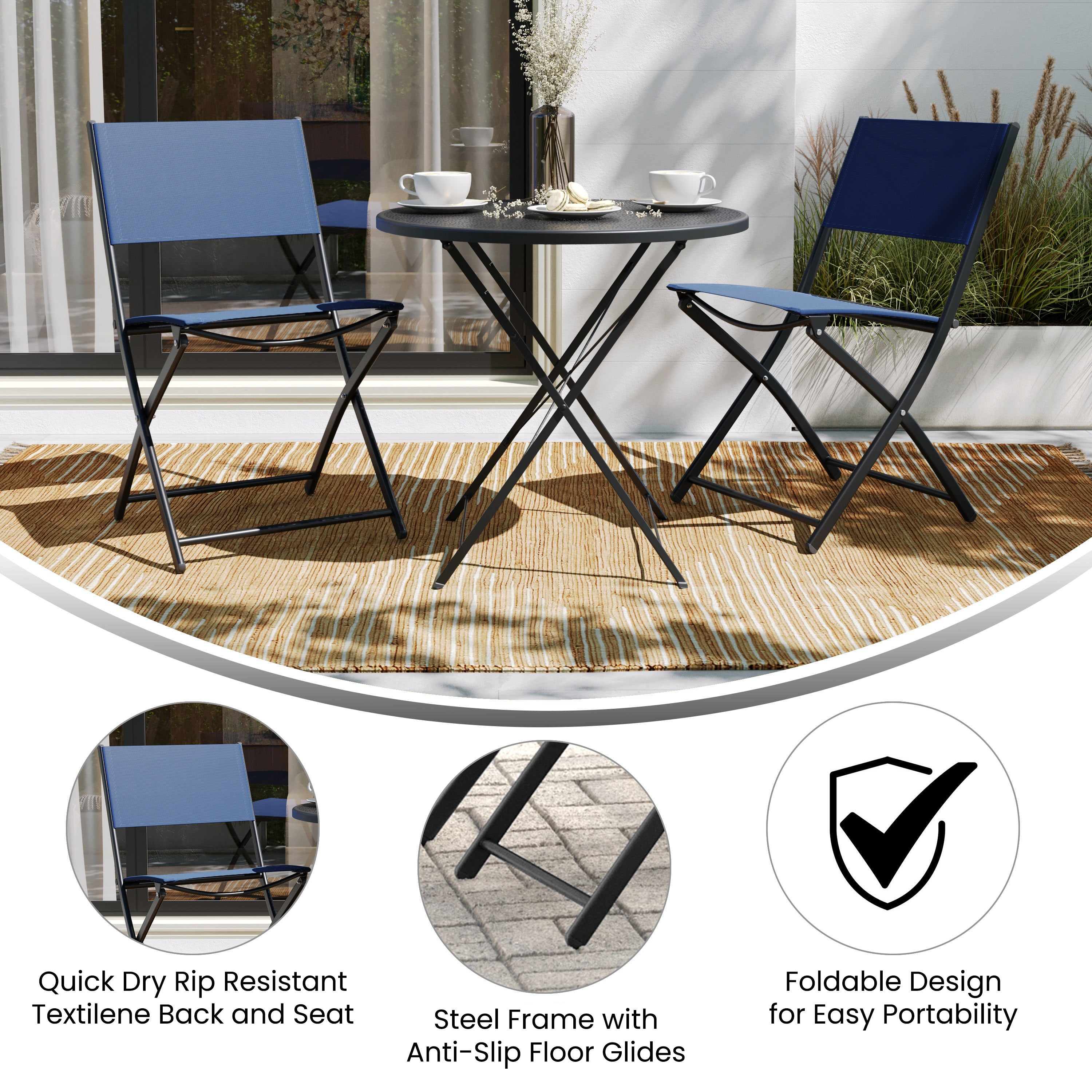 Brazos Set of 2 Commercial Grade Indoor/Outdoor Folding Chairs with Navy Flex Comfort Material Backs and Seats and Black Metal Frames