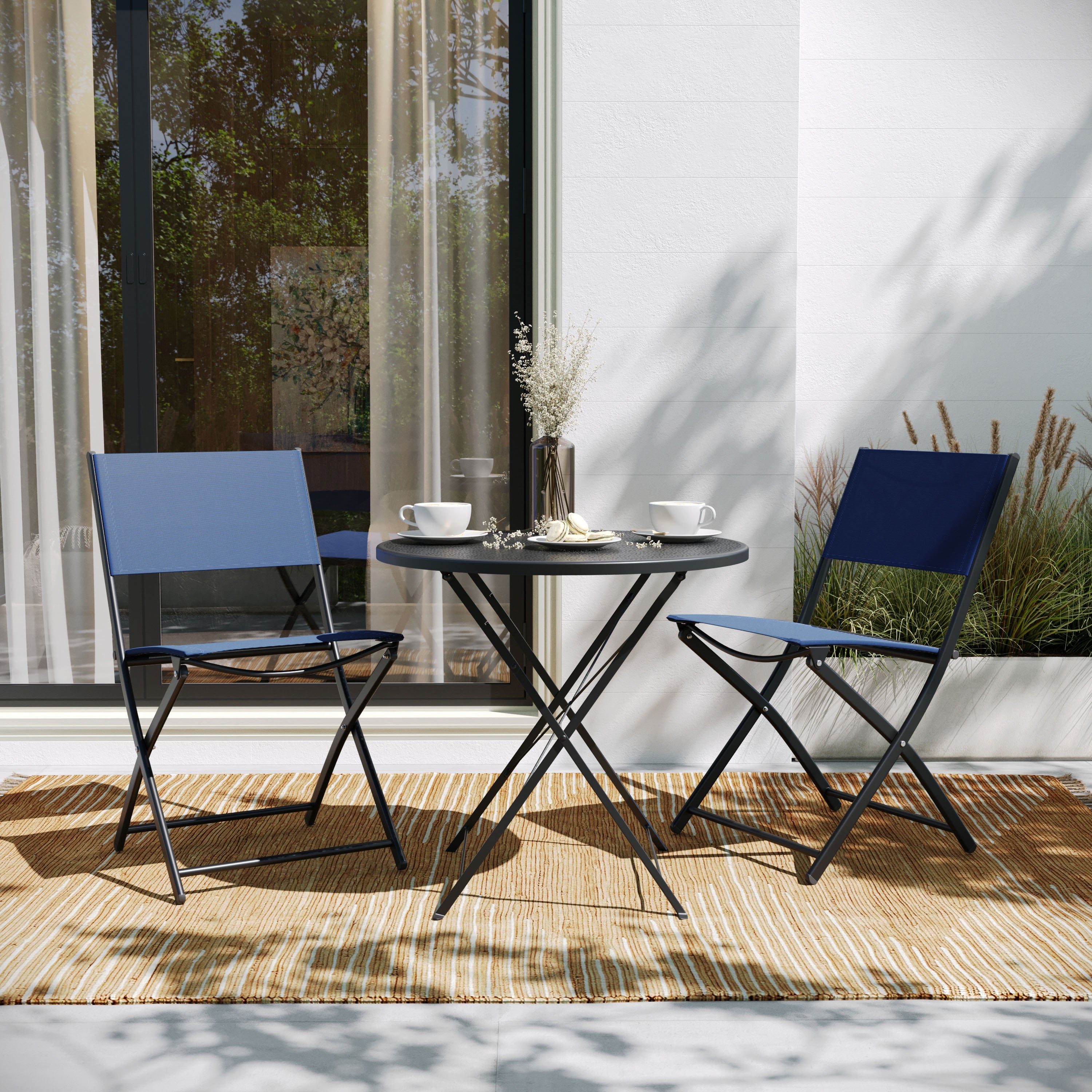 Brazos Set of 2 Commercial Grade Indoor/Outdoor Folding Chairs with Navy Flex Comfort Material Backs and Seats and Black Metal Frames