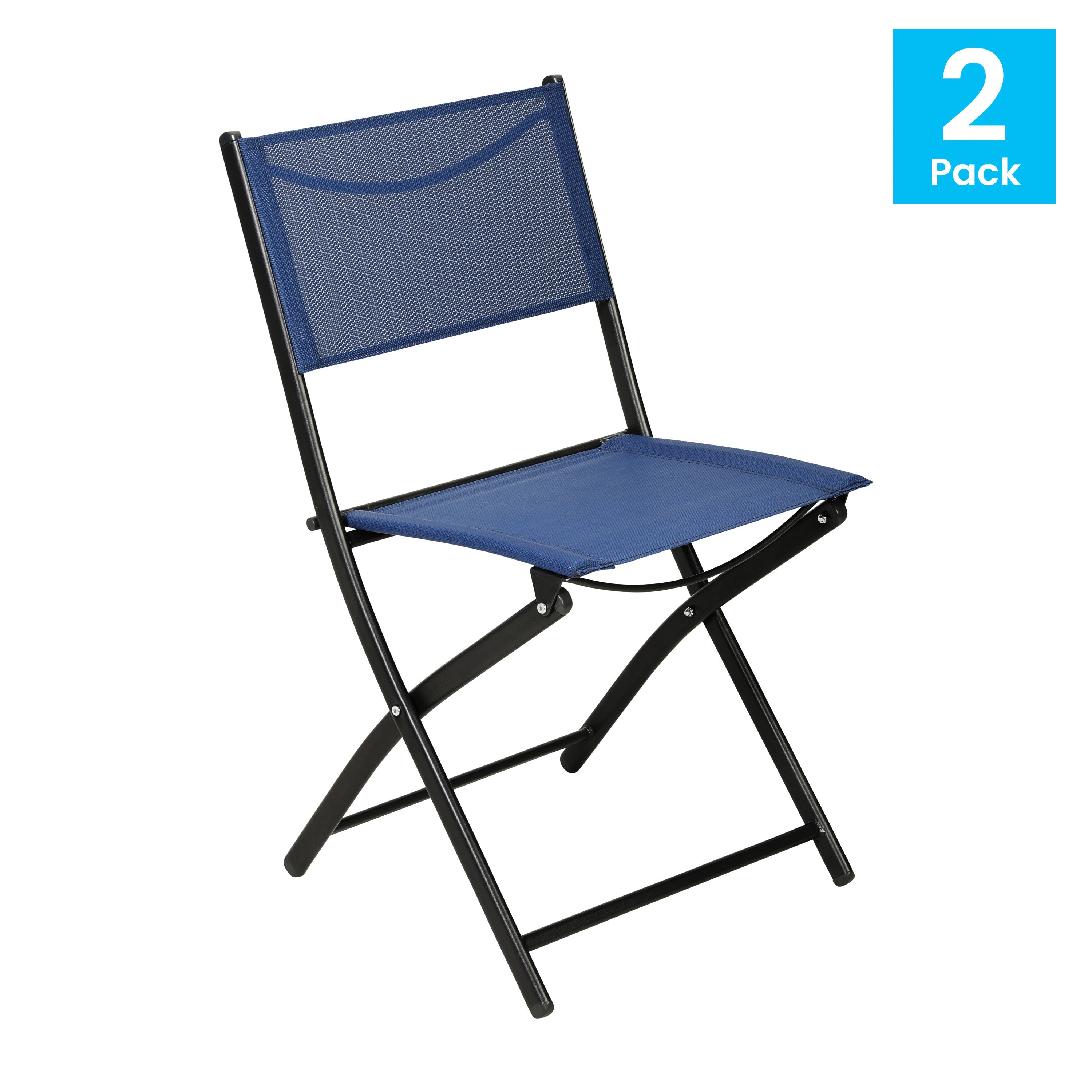 Brazos Set of 2 Commercial Grade Indoor/Outdoor Folding Chairs with Navy Flex Comfort Material Backs and Seats and Black Metal Frames