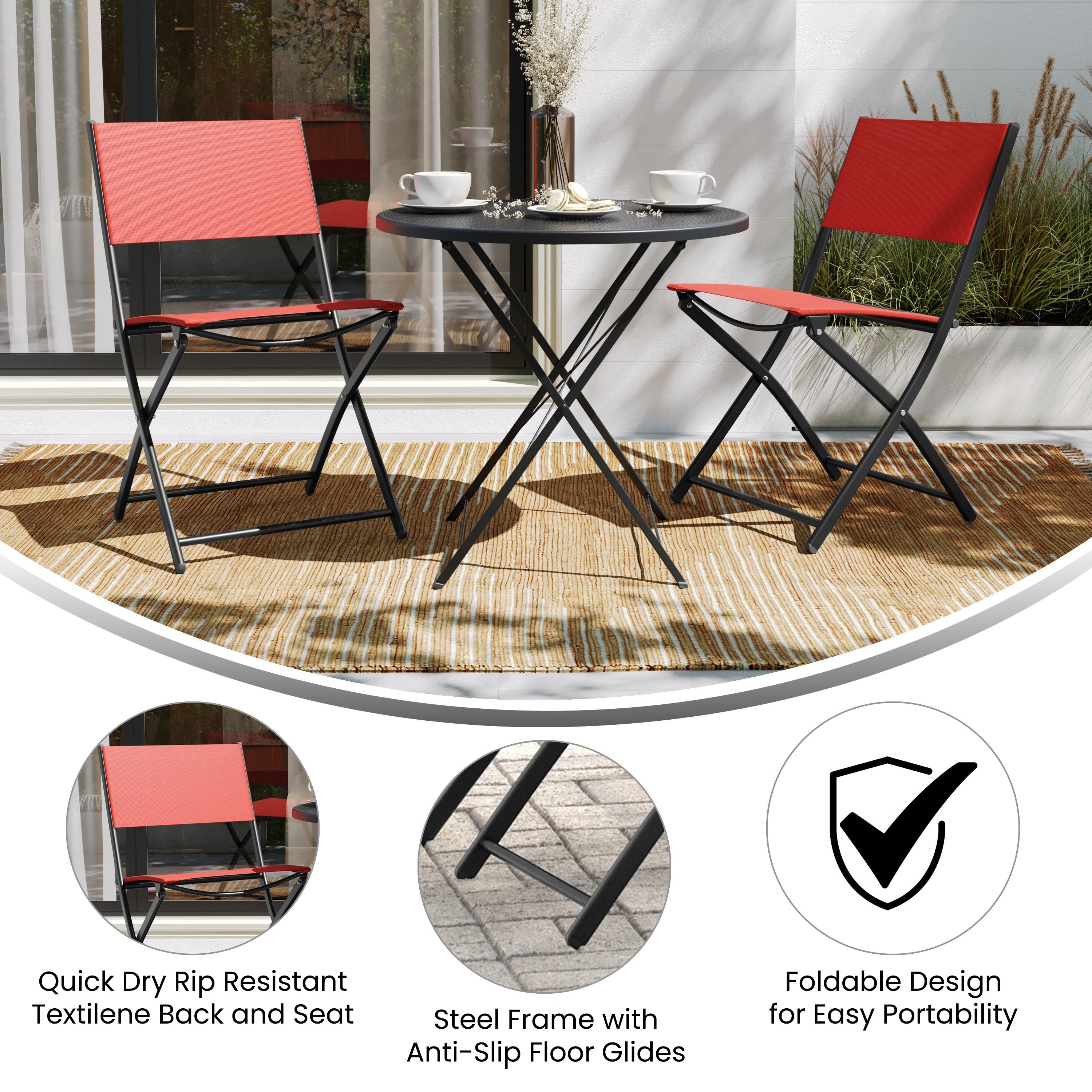 Brazos Set of 2 Commercial Grade Indoor/Outdoor Folding Chairs with Red Flex Comfort Material Backs and Seats and Black Metal Frames