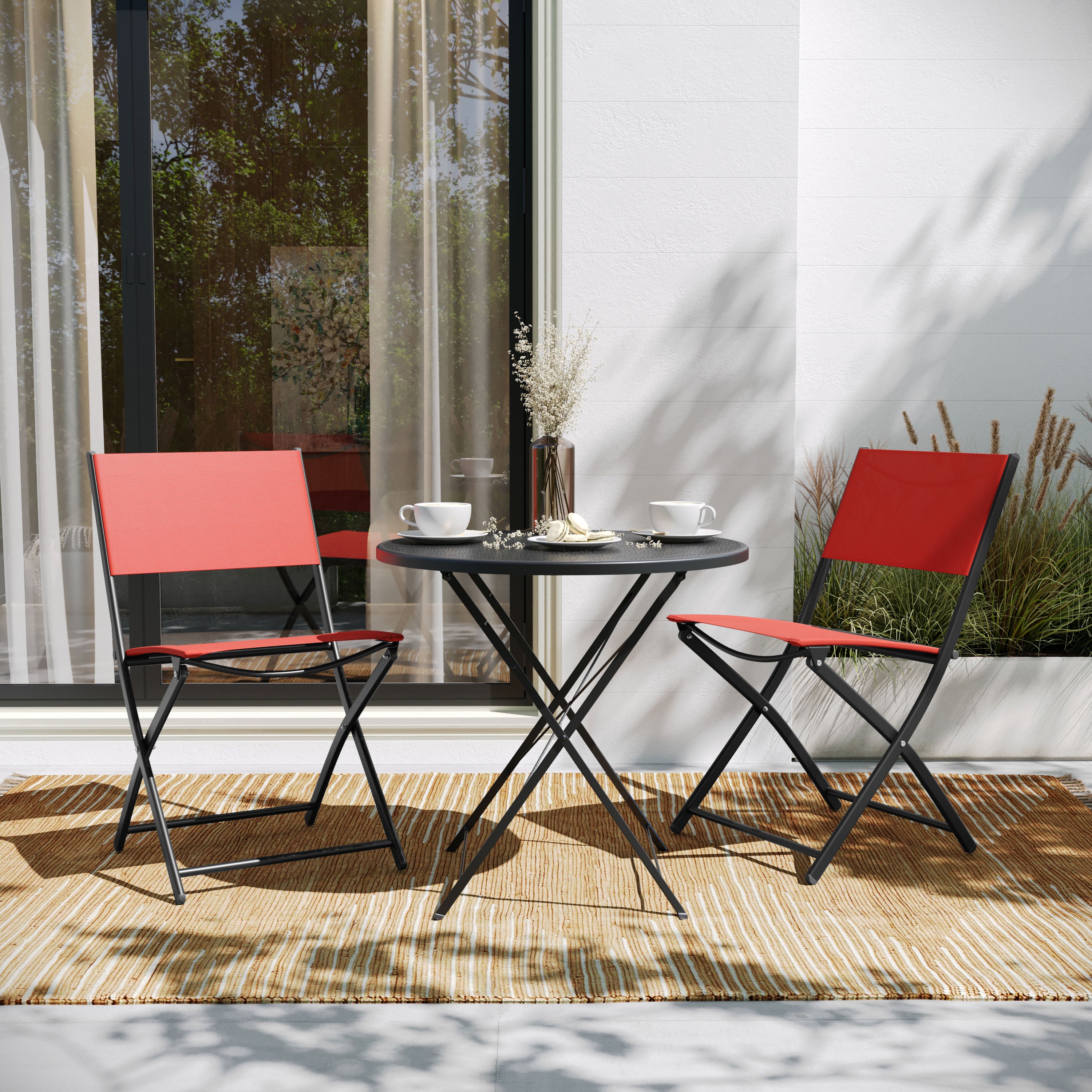 Brazos Set of 2 Commercial Grade Indoor/Outdoor Folding Chairs with Red Flex Comfort Material Backs and Seats and Black Metal Frames