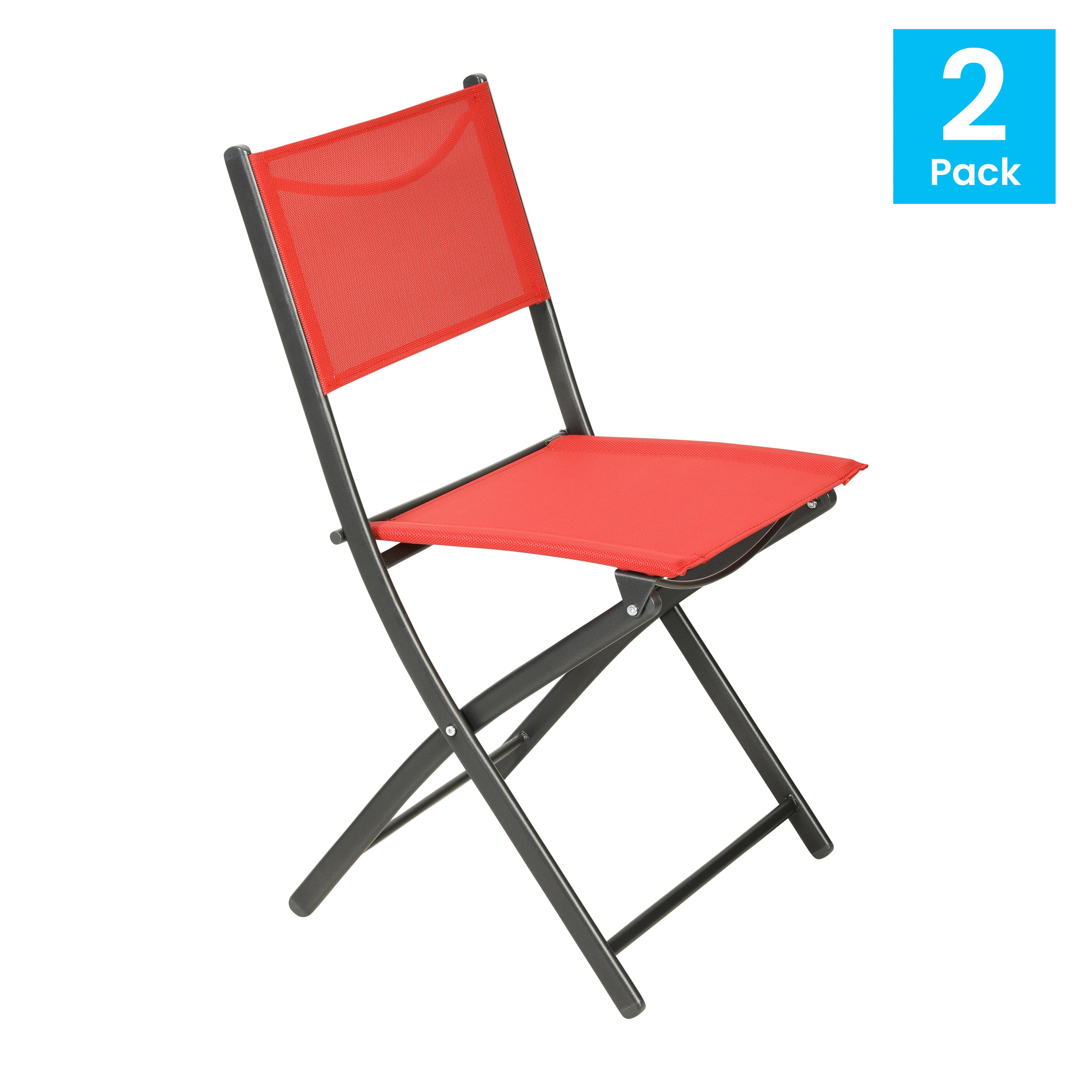 Brazos Set of 2 Commercial Grade Indoor/Outdoor Folding Chairs with Red Flex Comfort Material Backs and Seats and Black Metal Frames