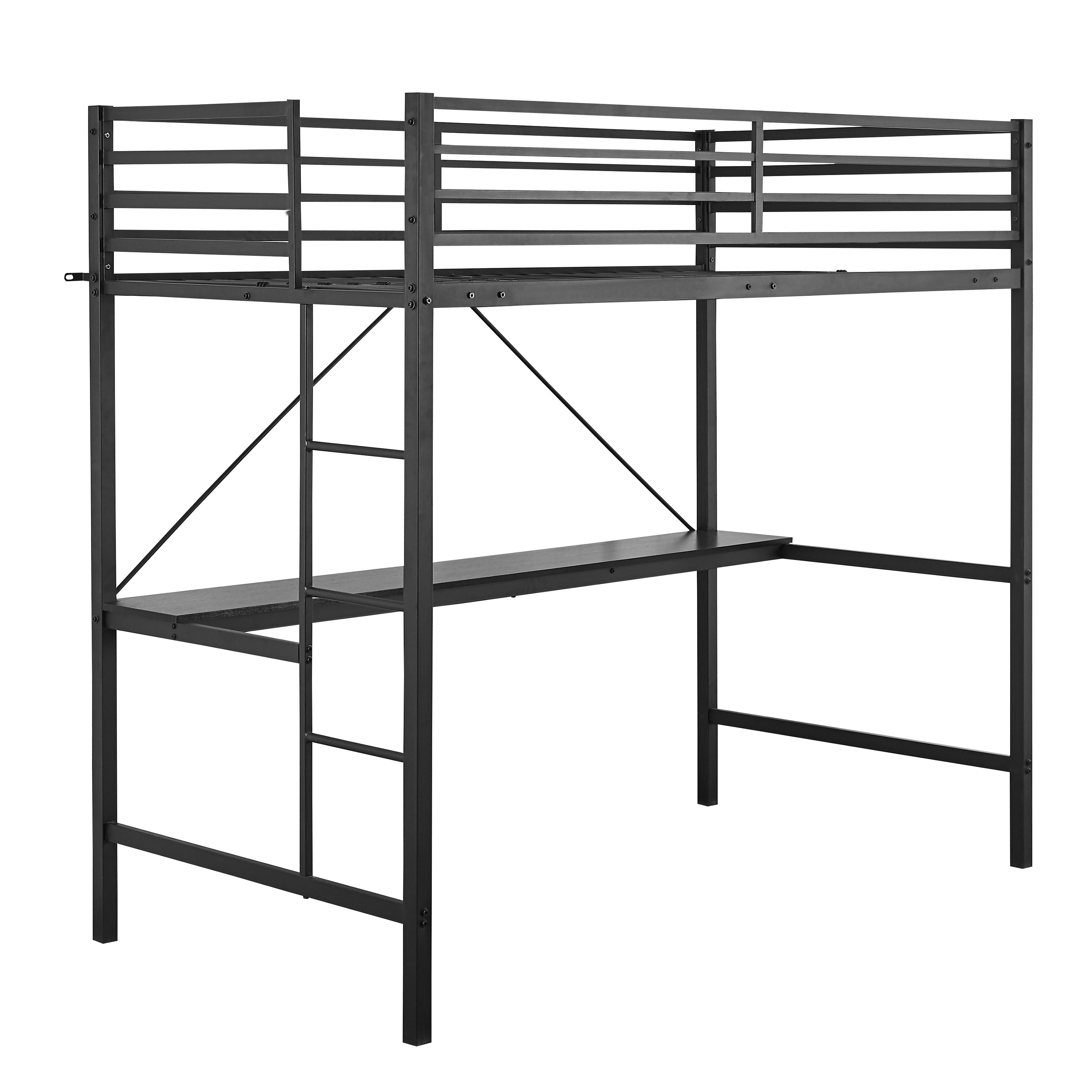 Jake Loft Bed Frame with Desk, Twin Size Metal Bed Frame with Protective Guard Rails & Ladder for Kids, Teens and Adults - Black