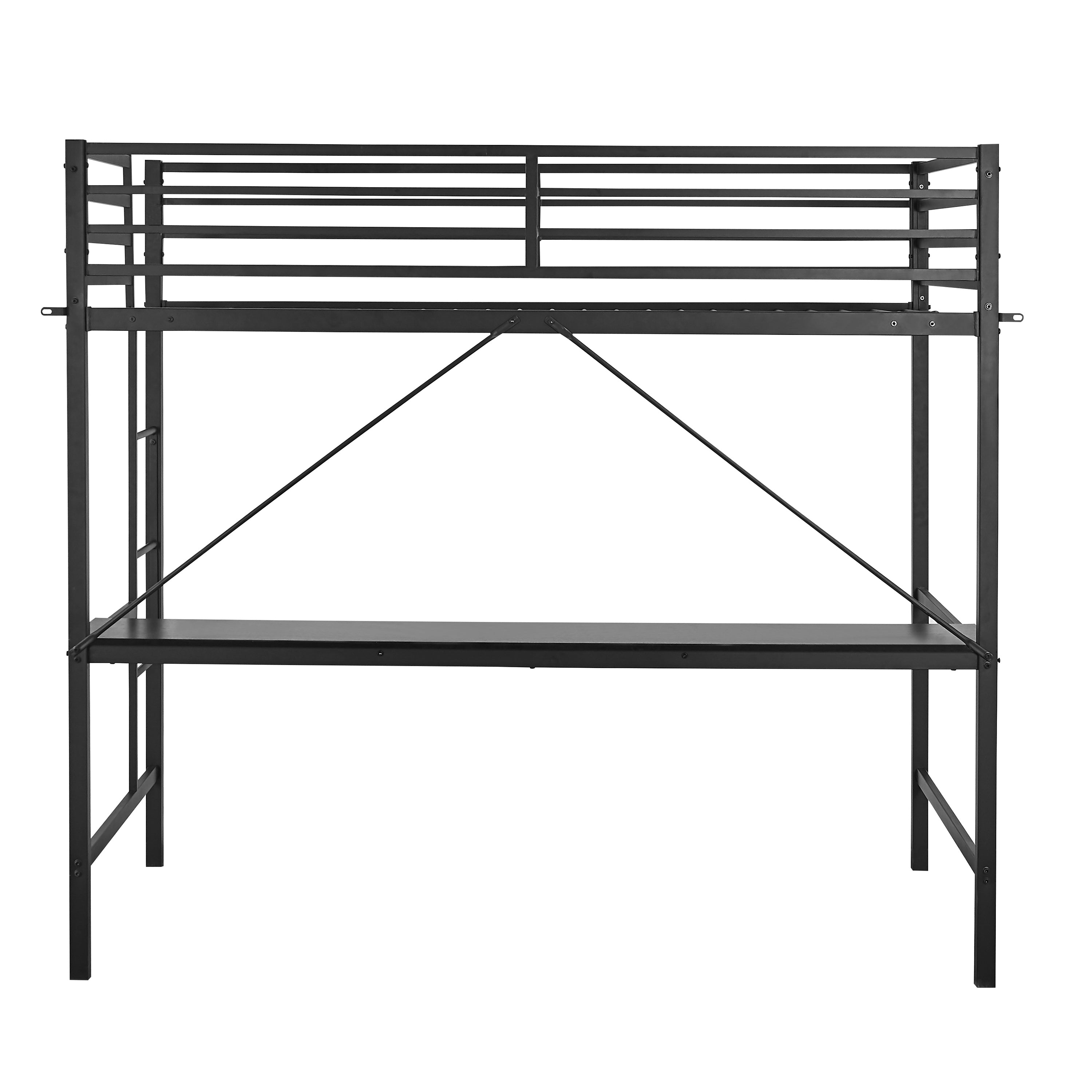 Jake Loft Bed Frame with Desk, Twin Size Metal Bed Frame with Protective Guard Rails & Ladder for Kids, Teens and Adults - Black