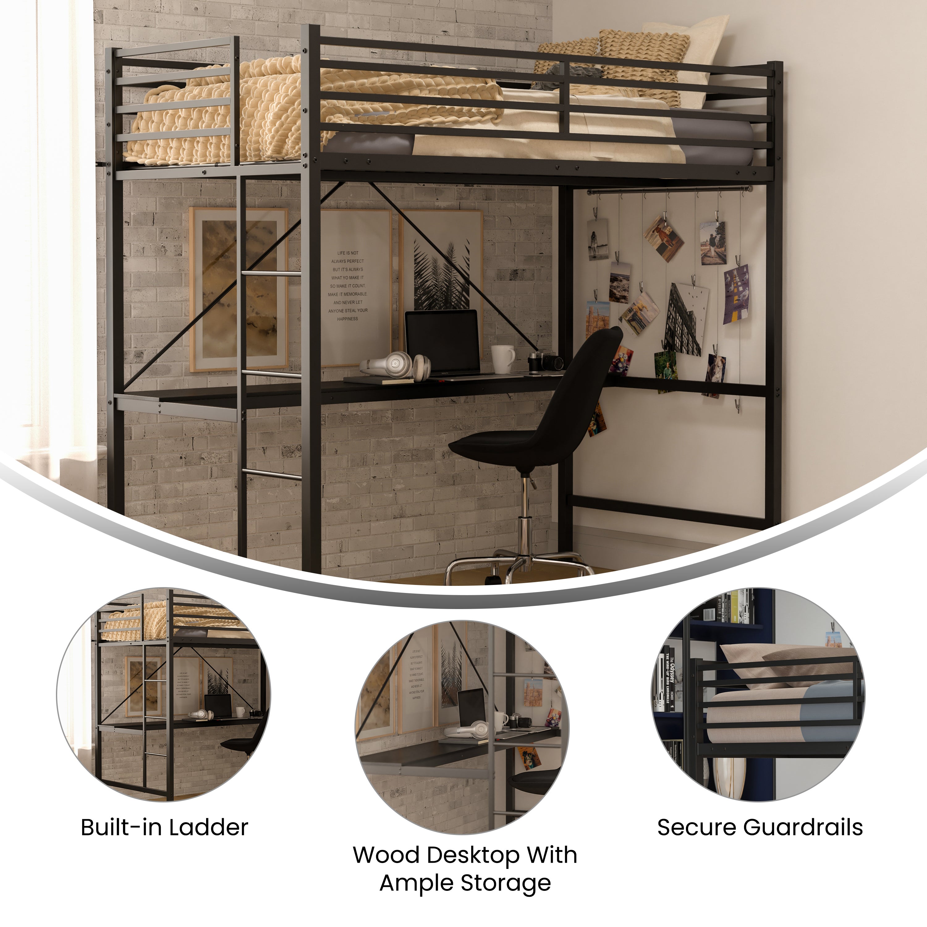 Jake Loft Bed Frame with Desk, Twin Size Metal Bed Frame with Protective Guard Rails & Ladder for Kids, Teens and Adults - Black