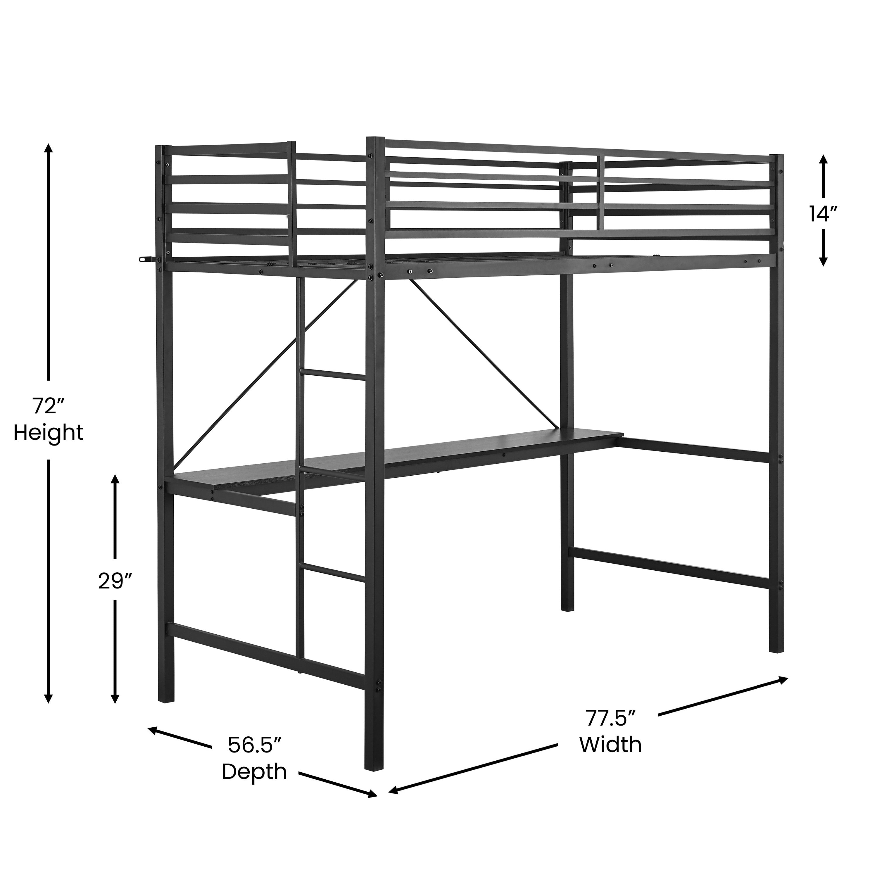 Jake Loft Bed Frame with Desk, Twin Size Metal Bed Frame with Protective Guard Rails & Ladder for Kids, Teens and Adults - Black