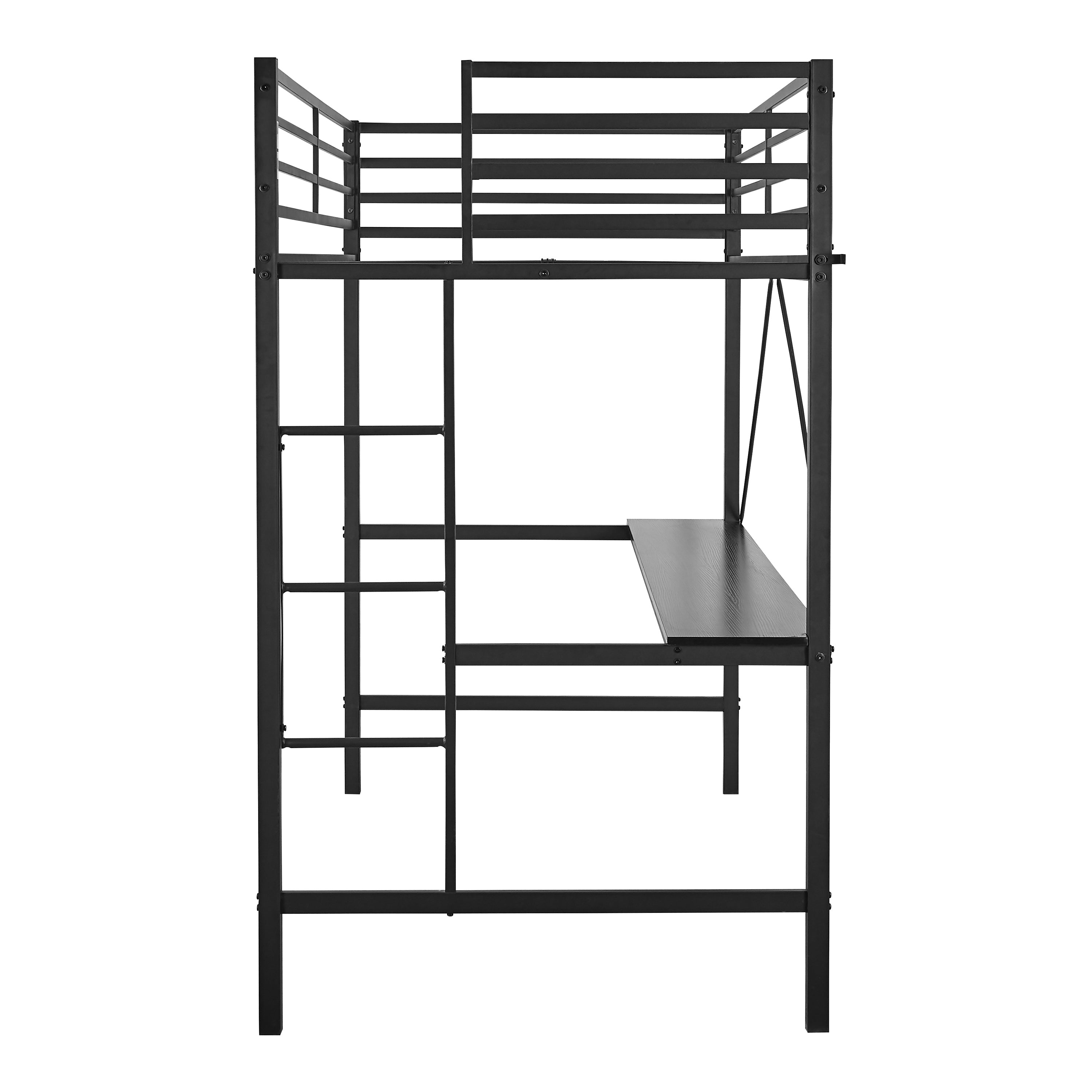 Jake Loft Bed Frame with Desk, Twin Size Metal Bed Frame with Protective Guard Rails & Ladder for Kids, Teens and Adults - Black