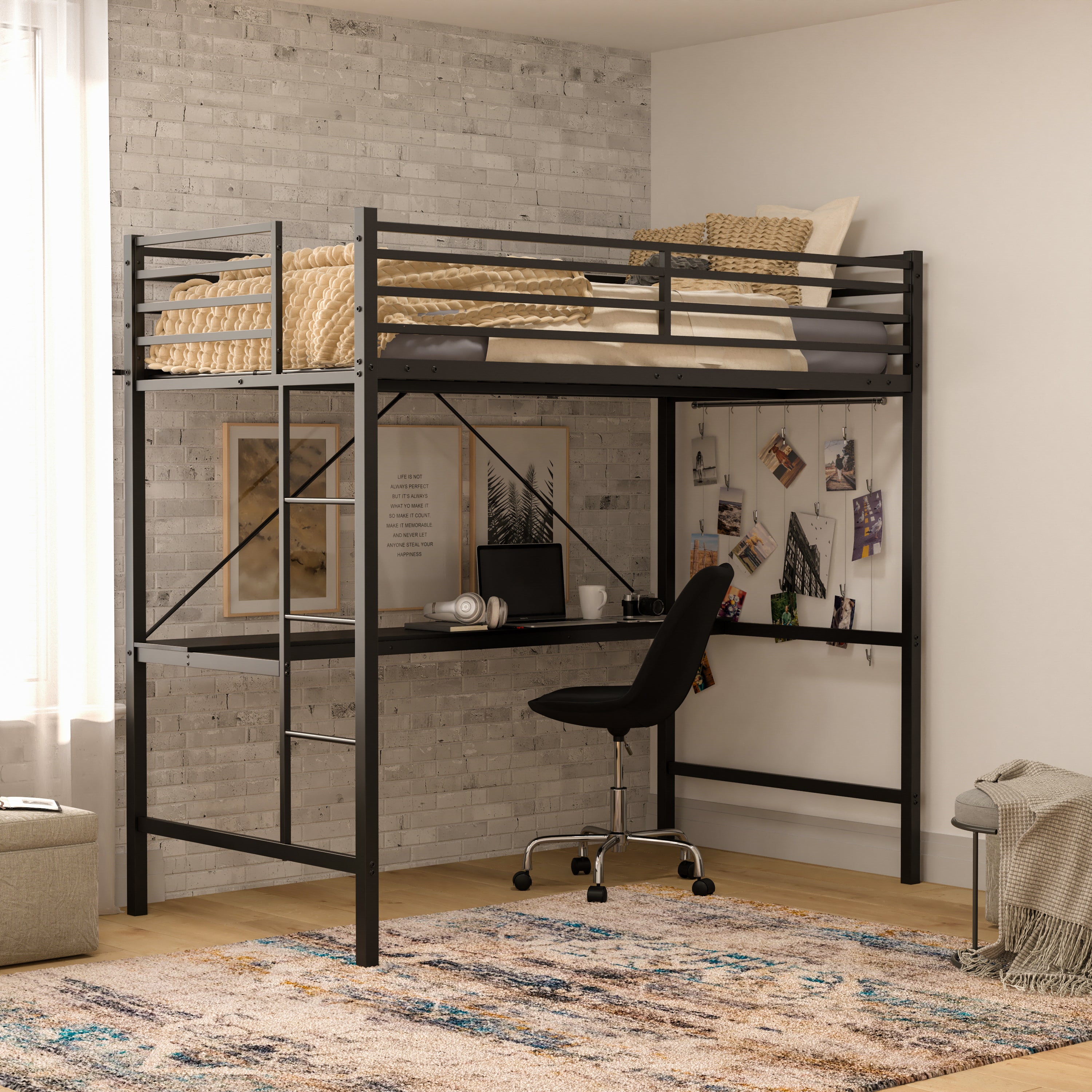 Jake Loft Bed Frame with Desk, Twin Size Metal Bed Frame with Protective Guard Rails & Ladder for Kids, Teens and Adults - Black