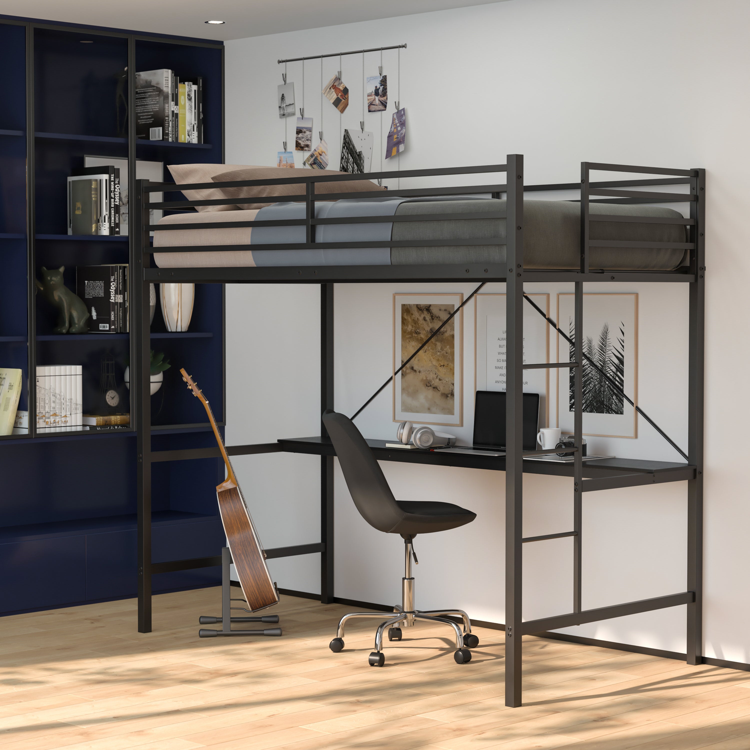 Jake Loft Bed Frame with Desk, Twin Size Metal Bed Frame with Protective Guard Rails & Ladder for Kids, Teens and Adults - Black