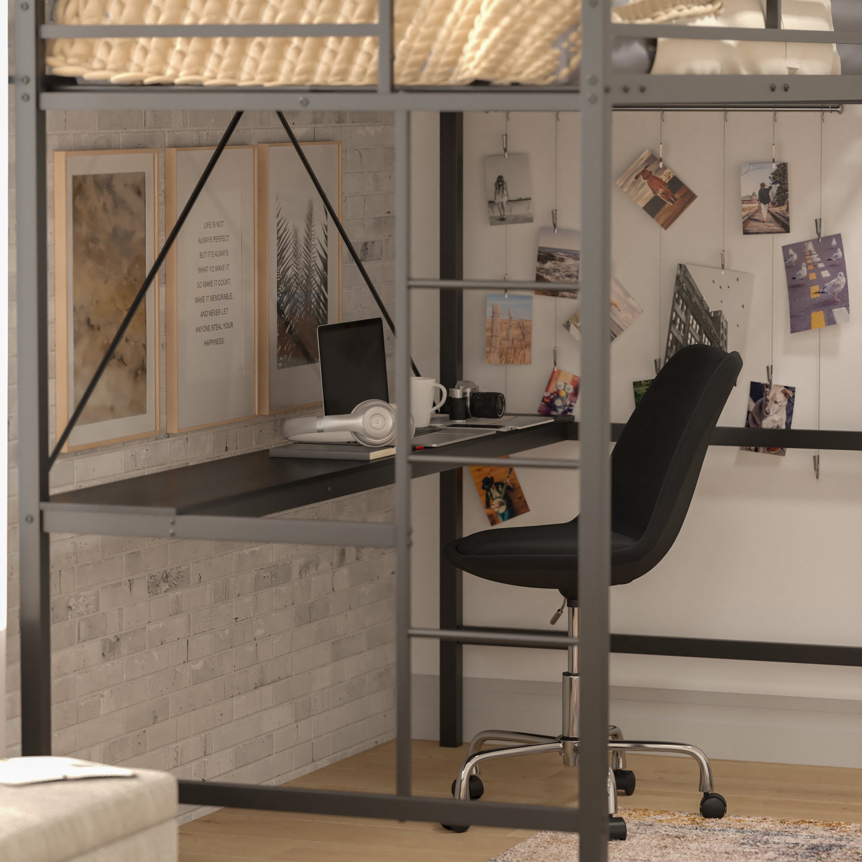 Jake Loft Bed Frame with Desk, Twin Size Metal Bed Frame with Protective Guard Rails & Ladder for Kids, Teens and Adults - Black